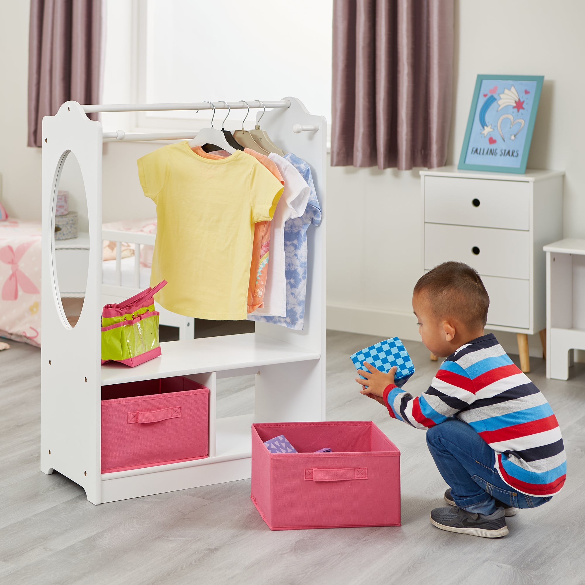 Kids White Wooden Dress Up Unit with 2 Storage Boxes (Ages 3-7)