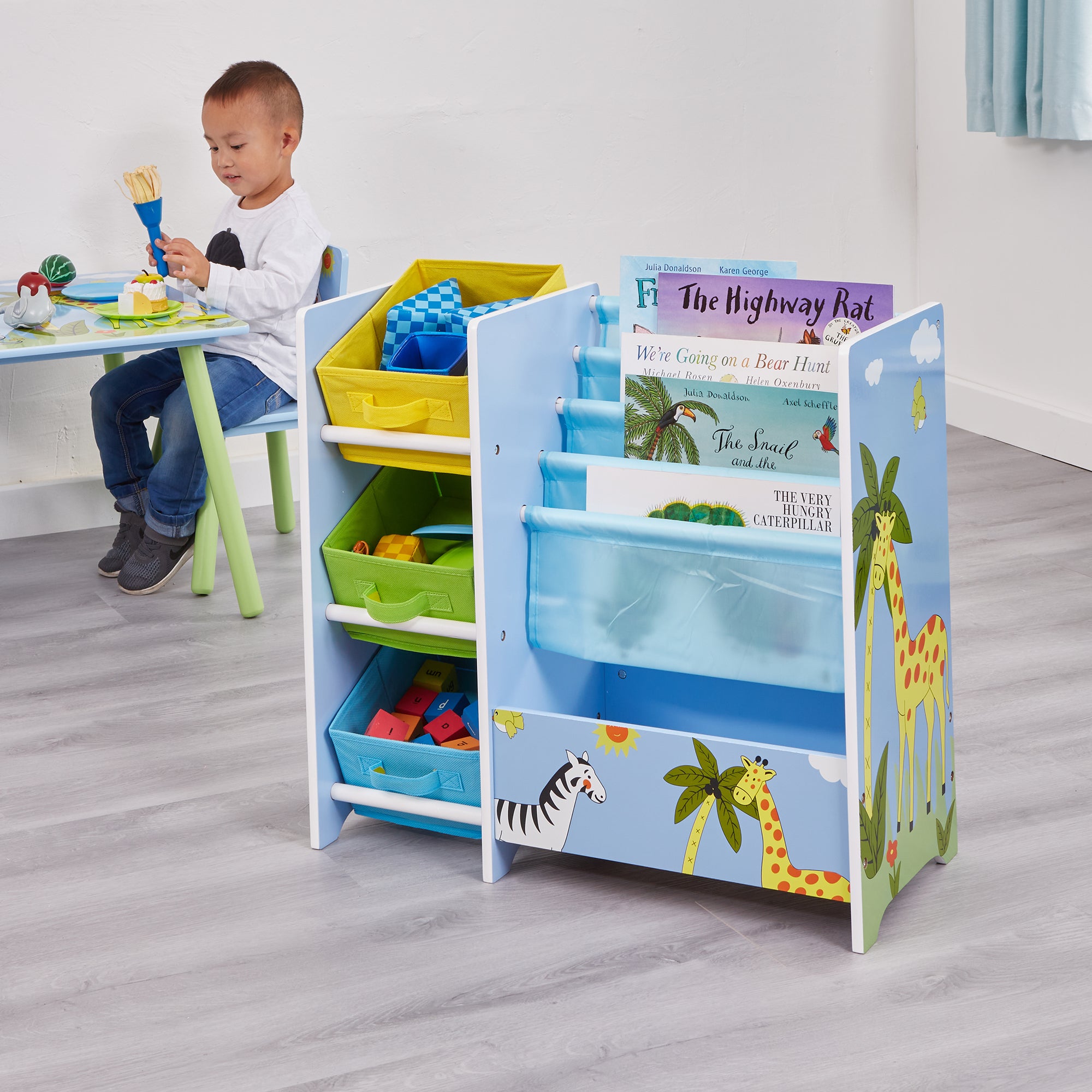 Kids Safari Book Display with Fabric Storage Boxes (Ages 2-6)