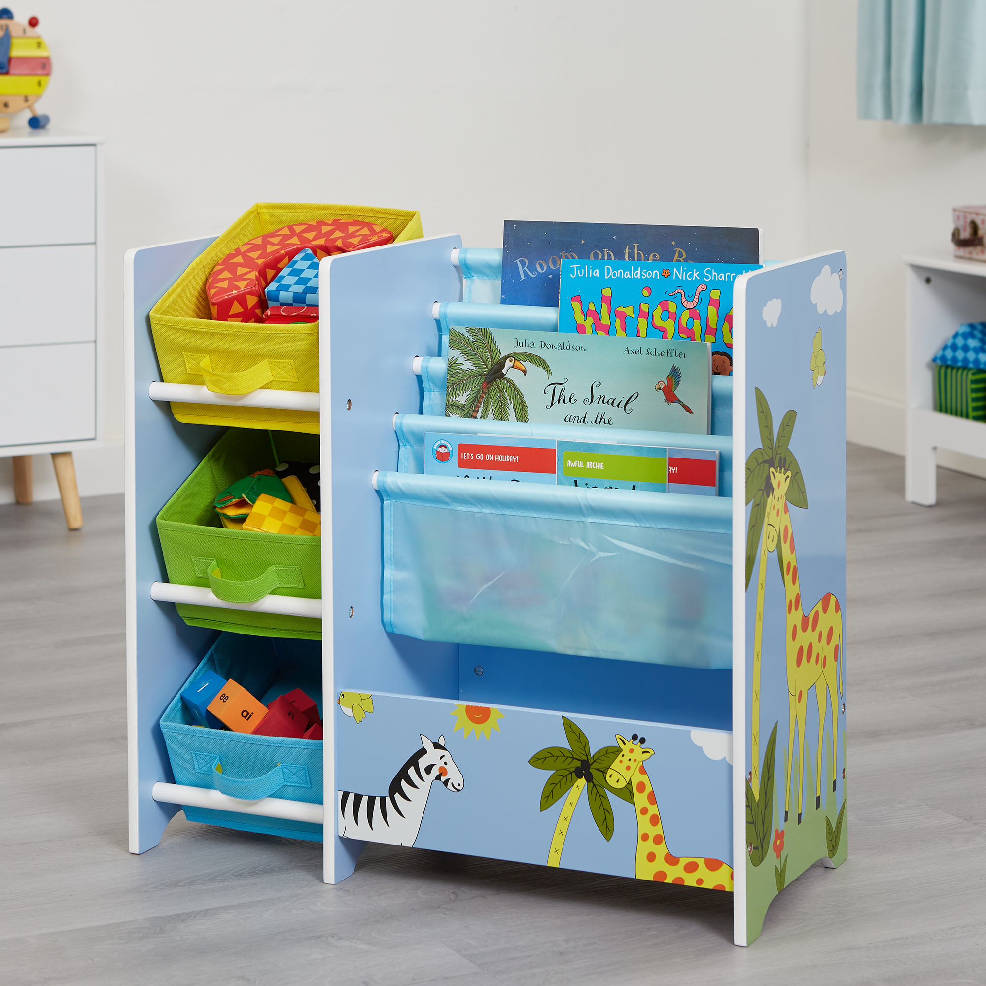 Kids Safari Book Display with Fabric Storage Boxes (Ages 2-6)