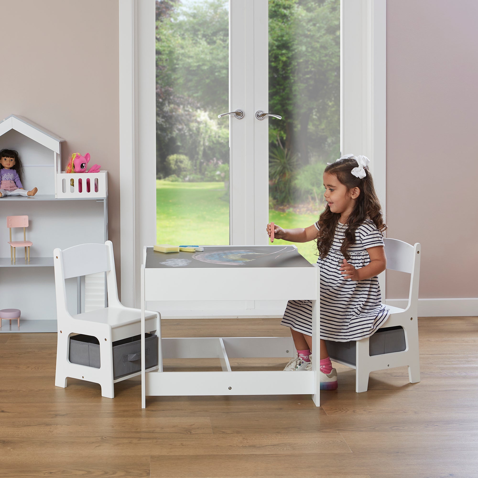 Kids White Reversible Table & Chairs with Storage (18 Months-6 Years)