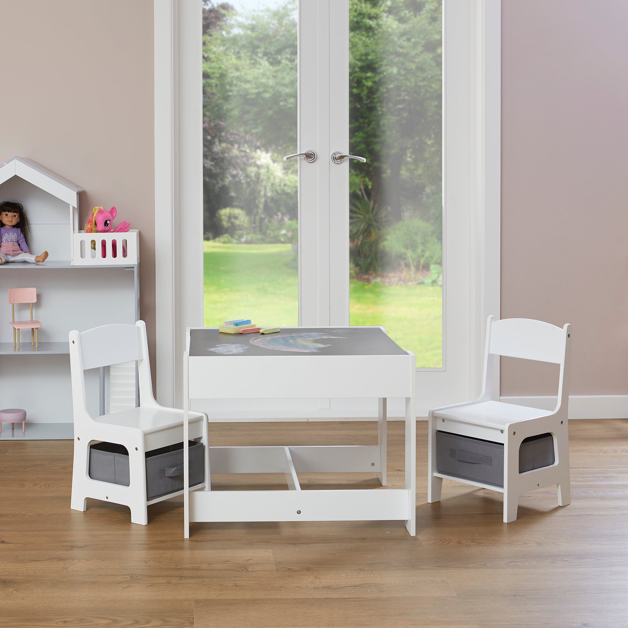 Kids White Reversible Table & Chairs with Storage (18 Months-6 Years)