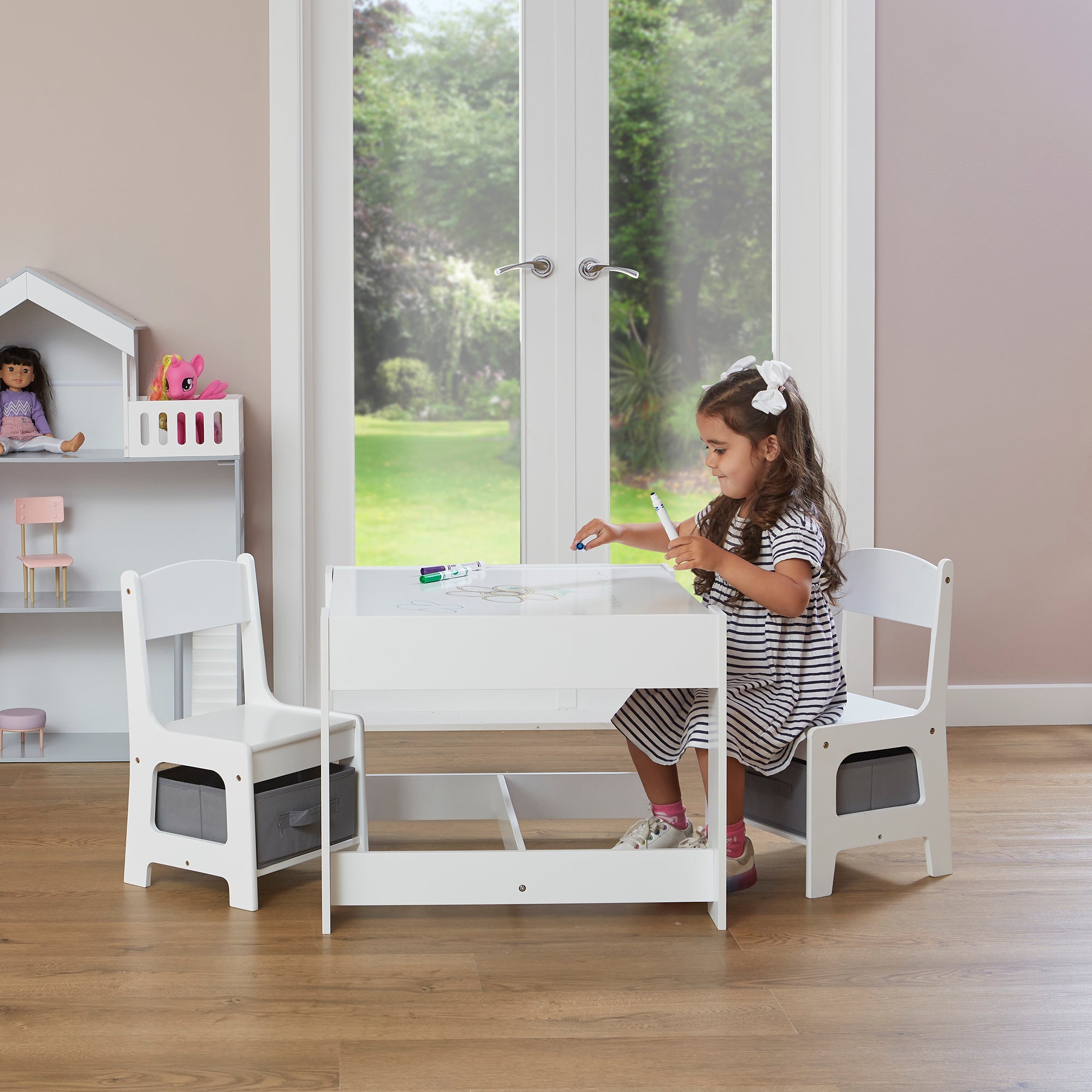 Kids White Reversible Table & Chairs with Storage (18 Months-6 Years)