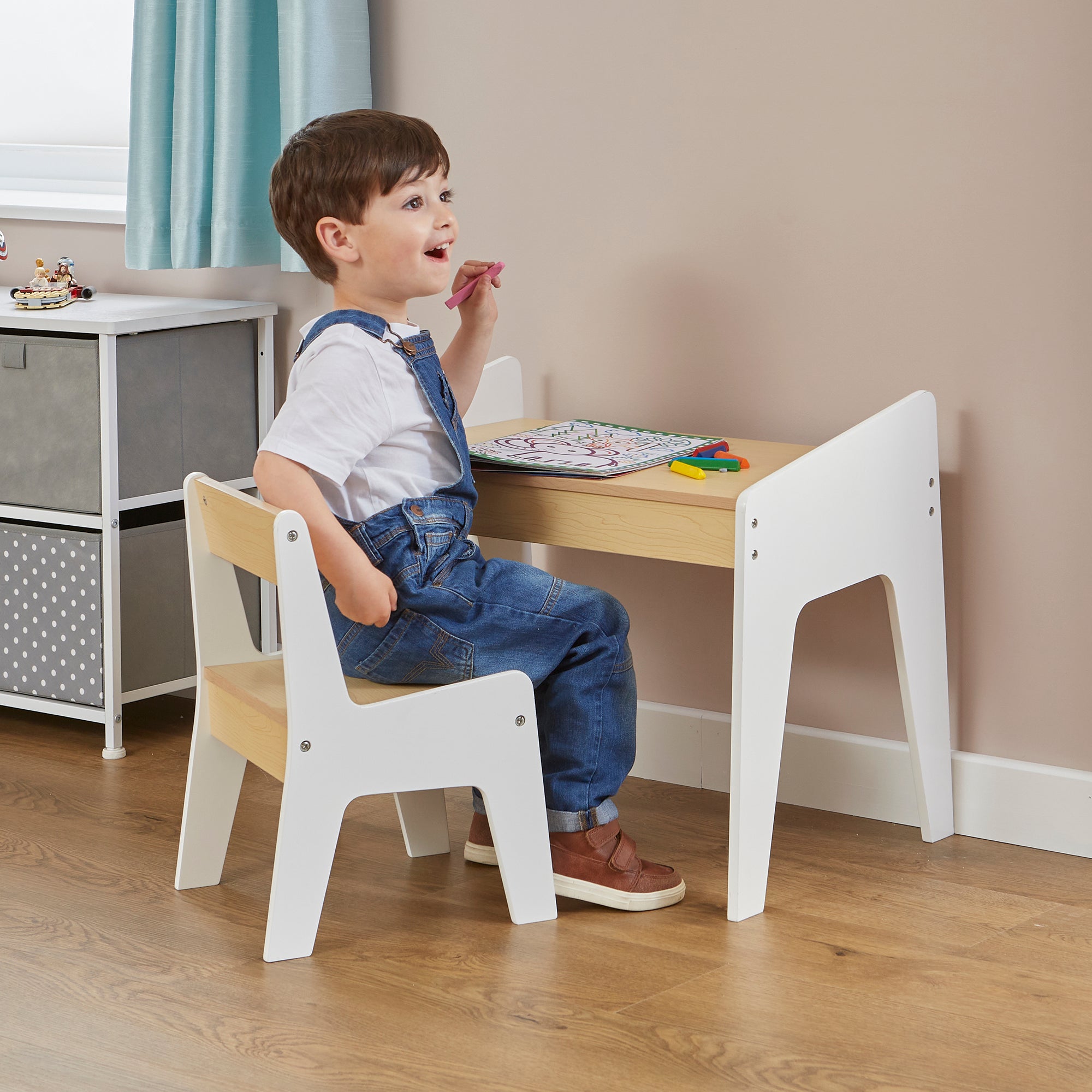 Kids White Wood Table & Chair Set Raised Sides (18 Months-5 Years)