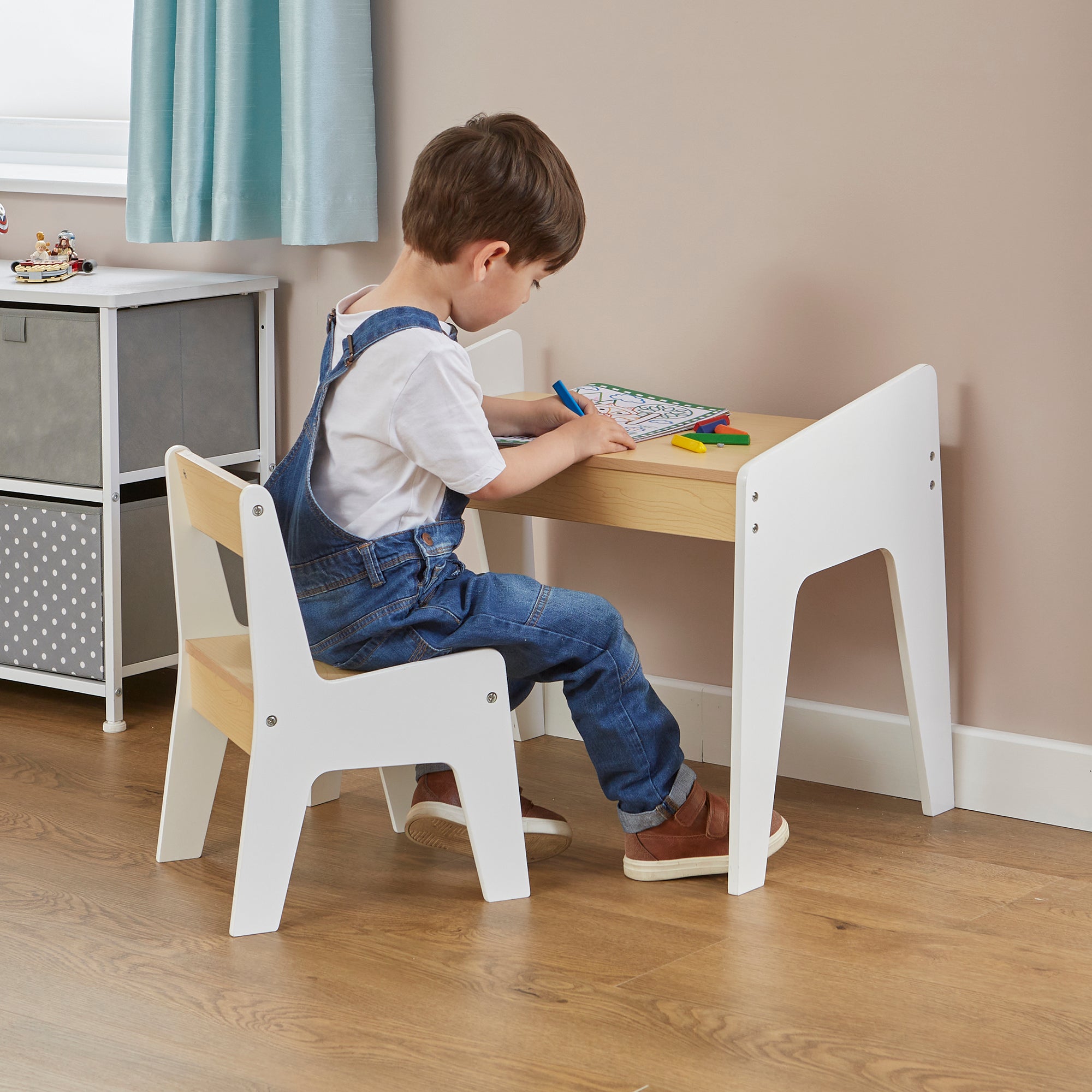 Kids White Wood Table & Chair Set Raised Sides (18 Months-5 Years)