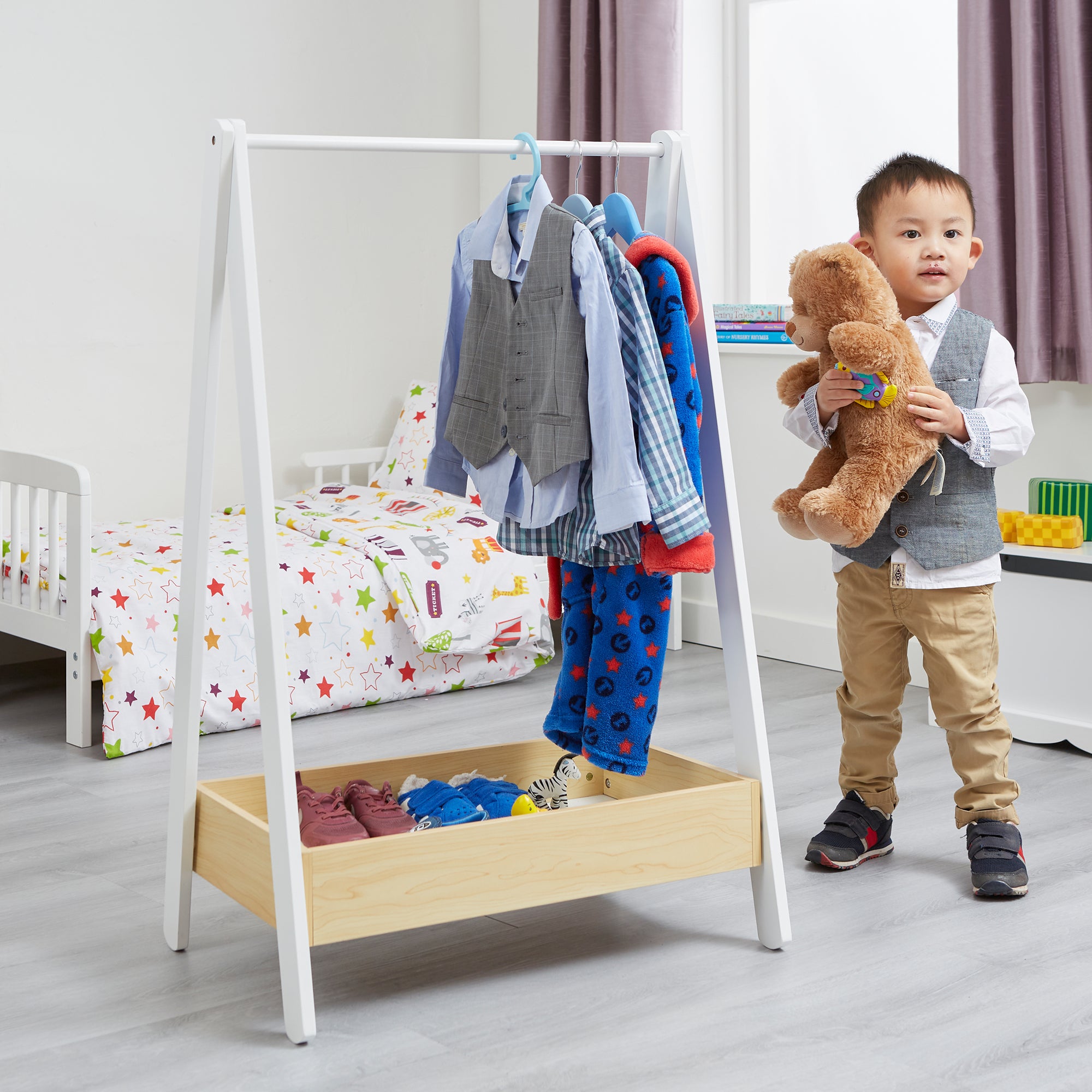 Kids White Pine Dressing Rail Storage (Ages 3+)