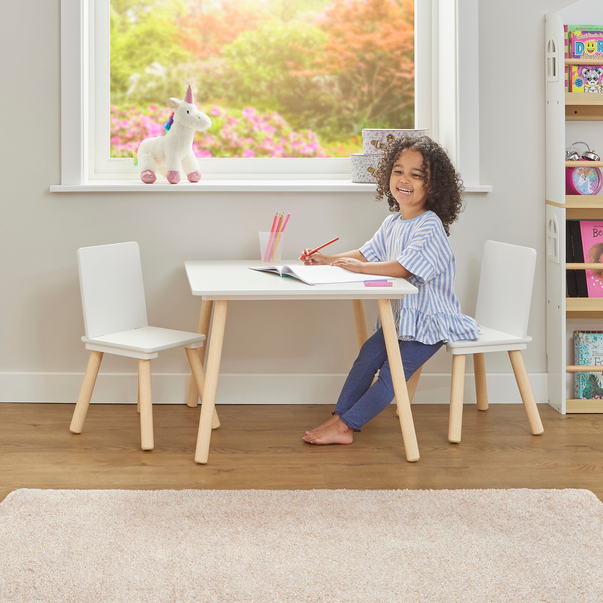 Kids Pinewood Table & 2 Chairs Set Modern Play (18 Months-6 Years)