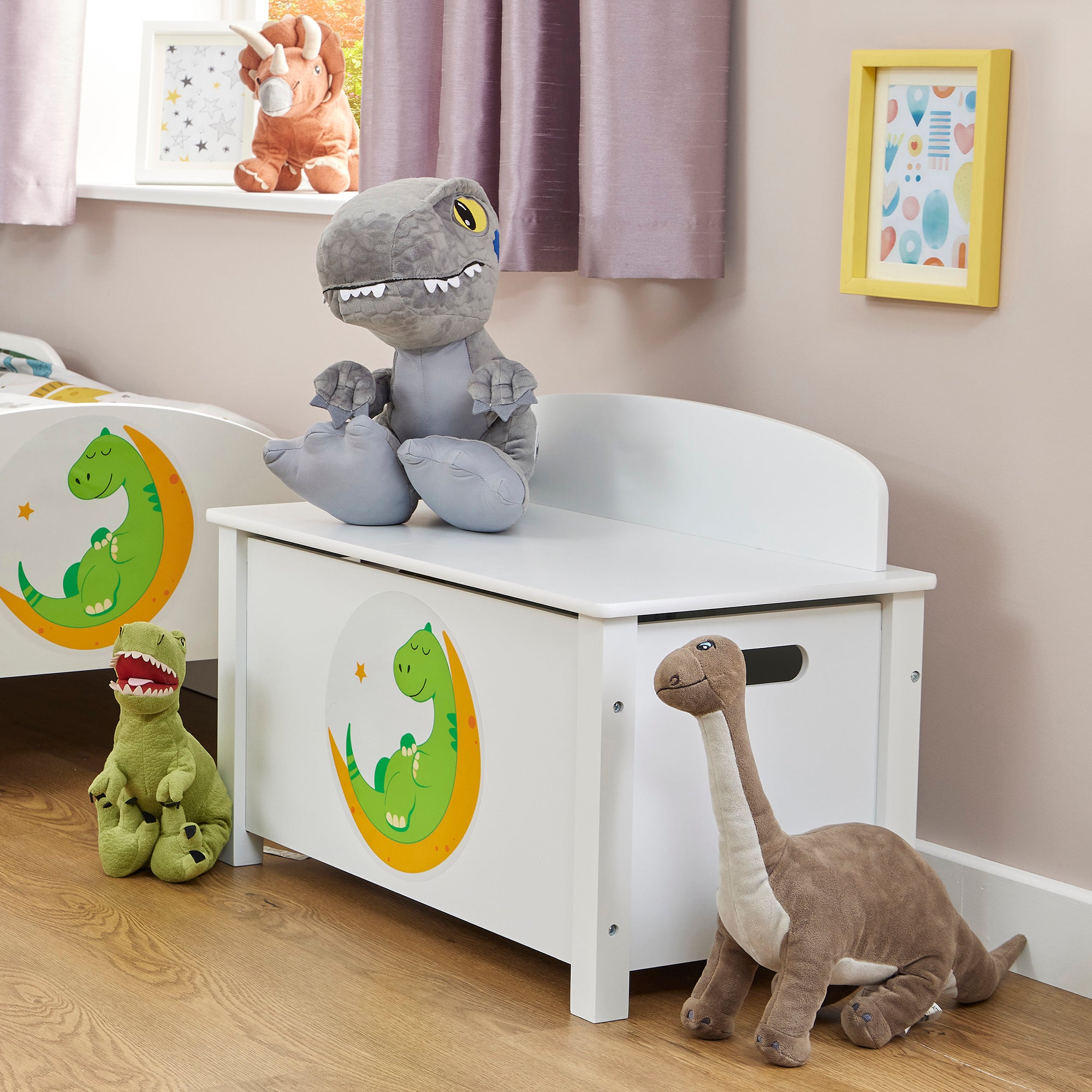 Kids White Wooden Toy Box Safe Hinged Storage (Ages 3+)
