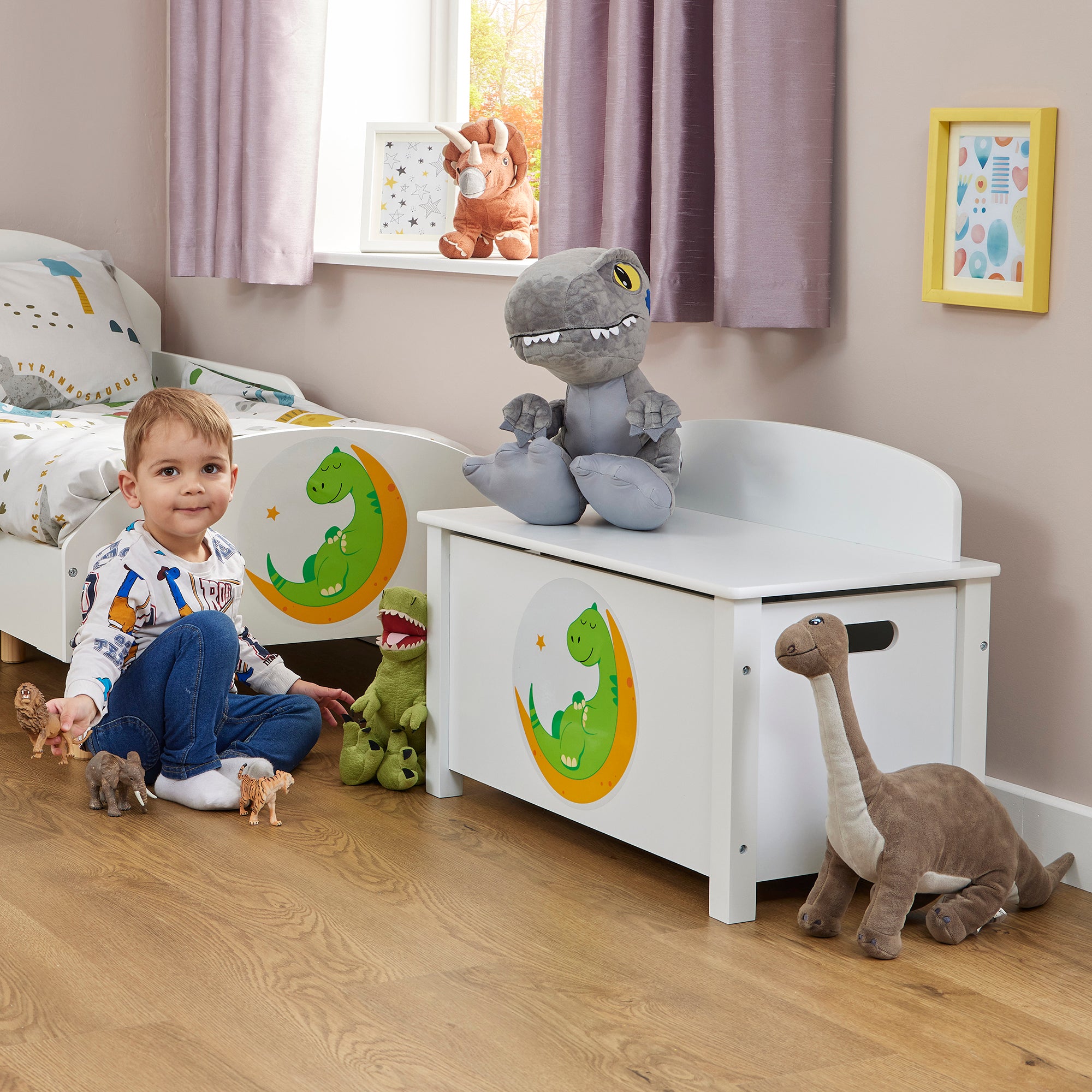Kids White Wooden Toy Box Safe Hinged Storage (Ages 3+)