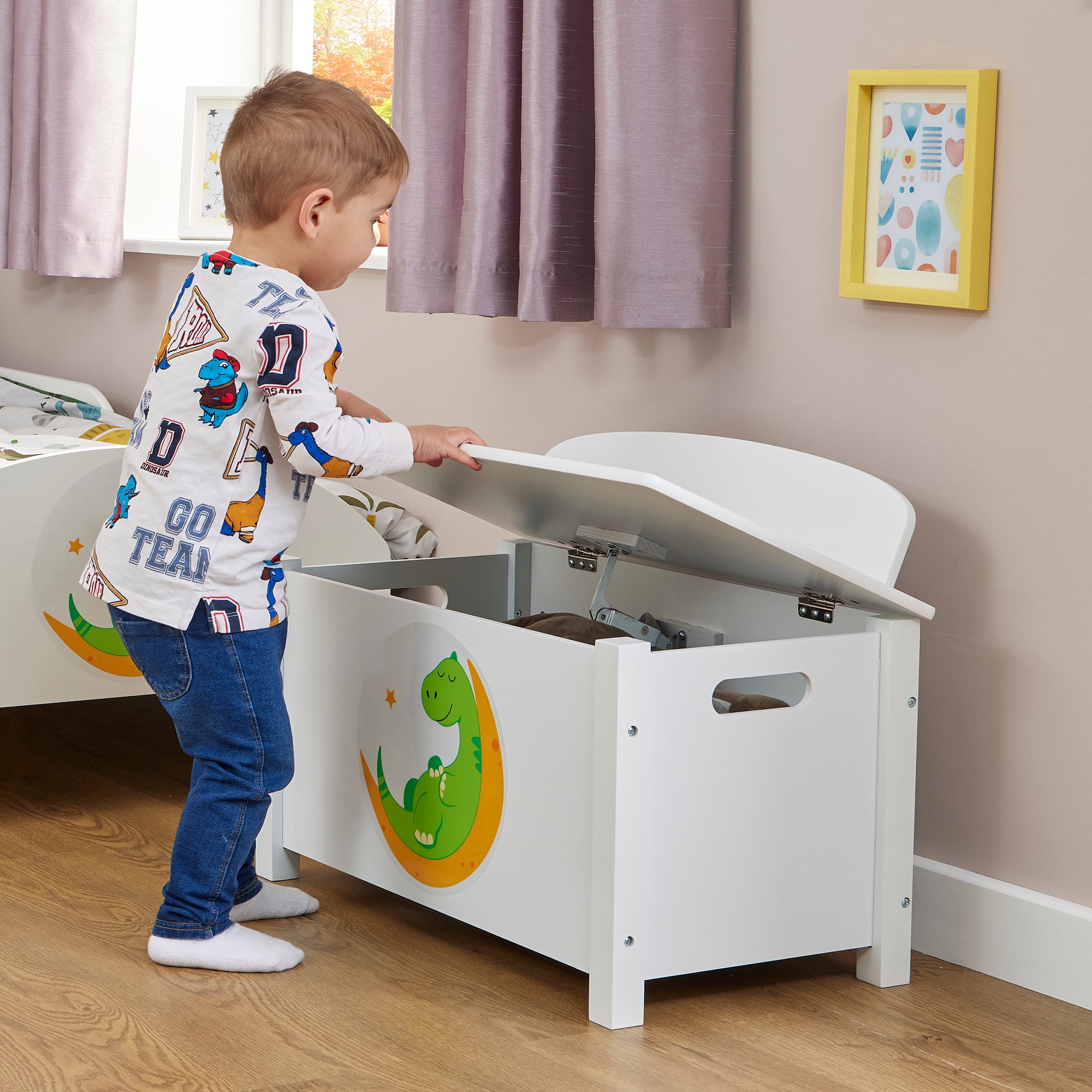 Kids White Wooden Toy Box Safe Hinged Storage (Ages 3+)