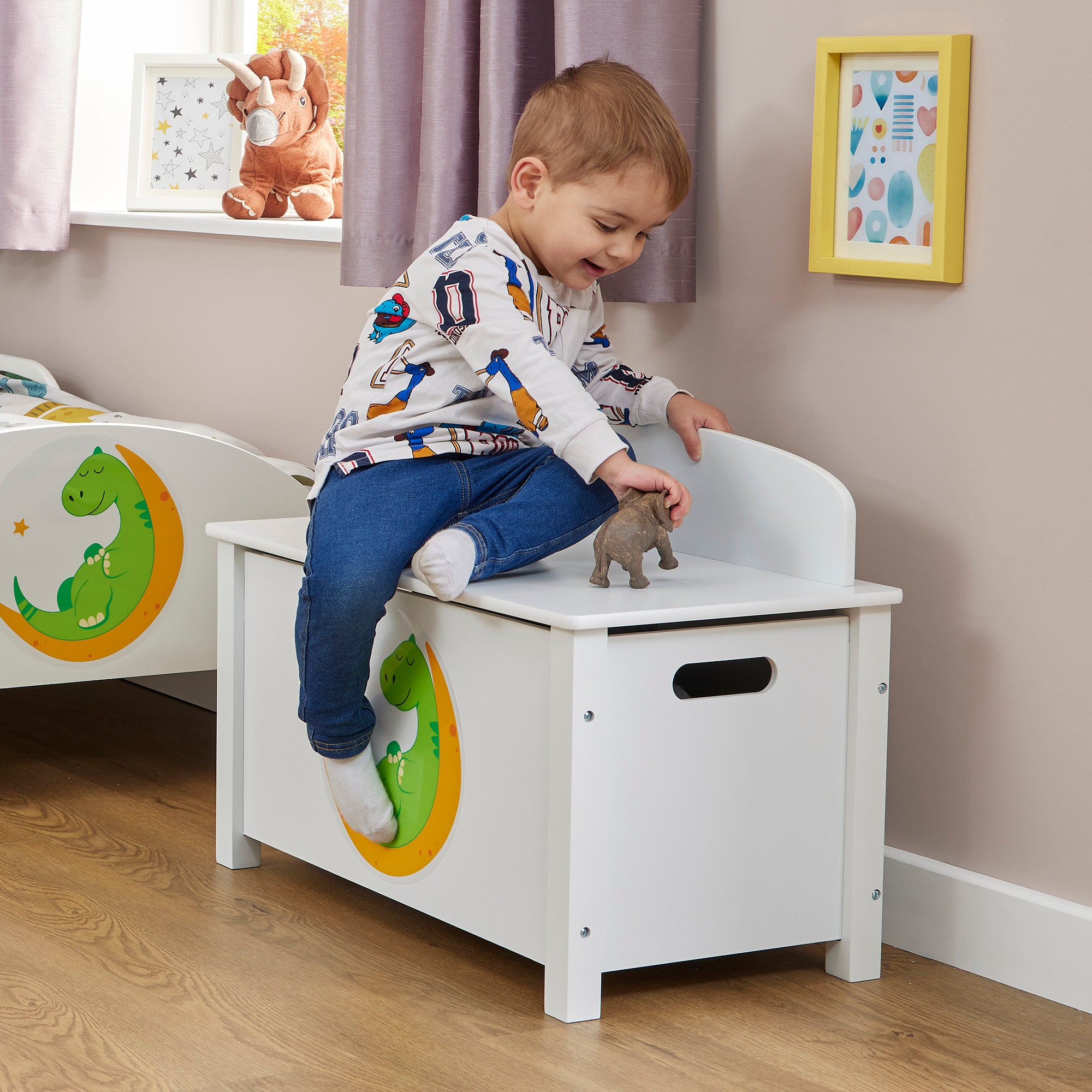 Kids White Wooden Toy Box Safe Hinged Storage (Ages 3+)