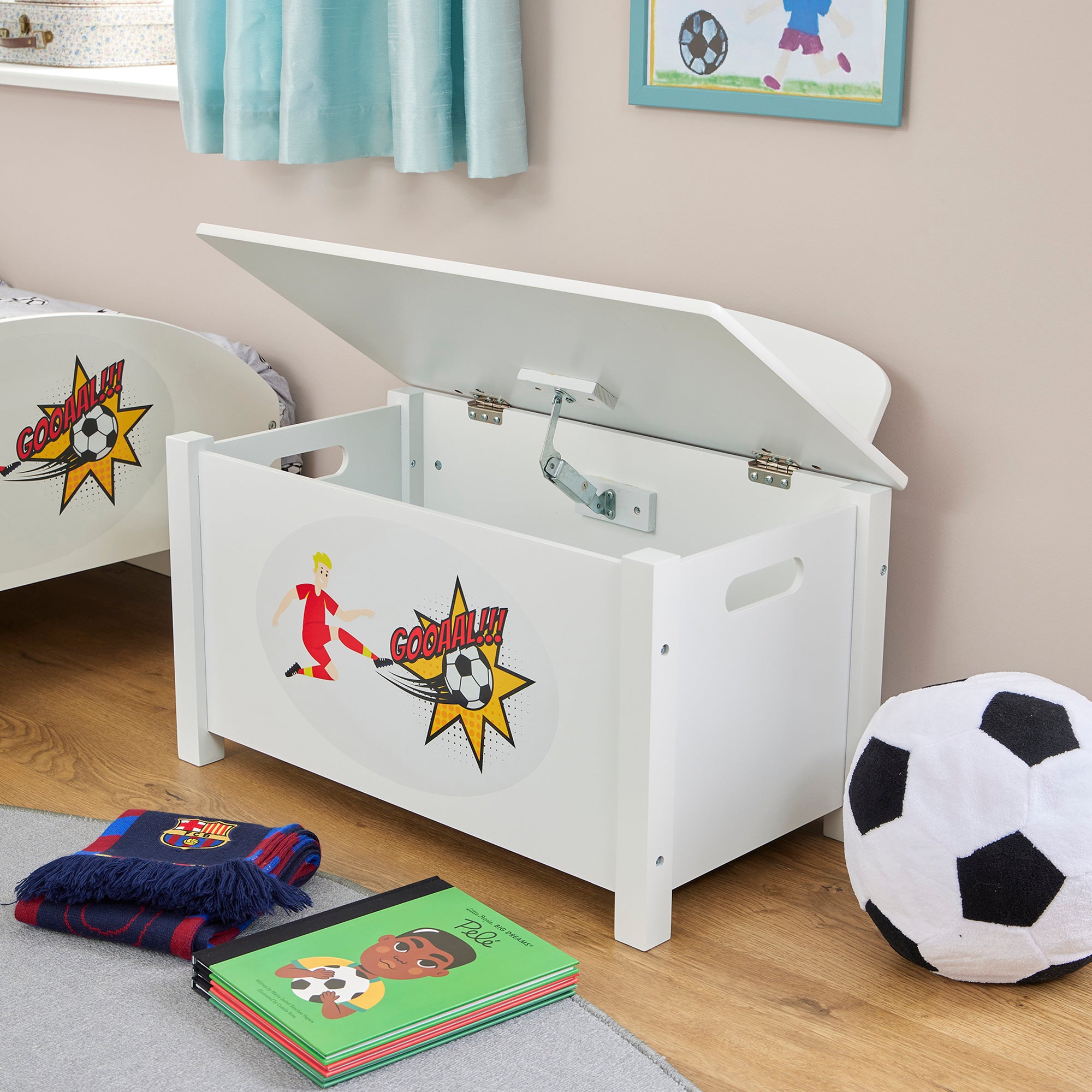 Kids White Wooden Toy Box Safe Hinged Storage (Ages 3+)