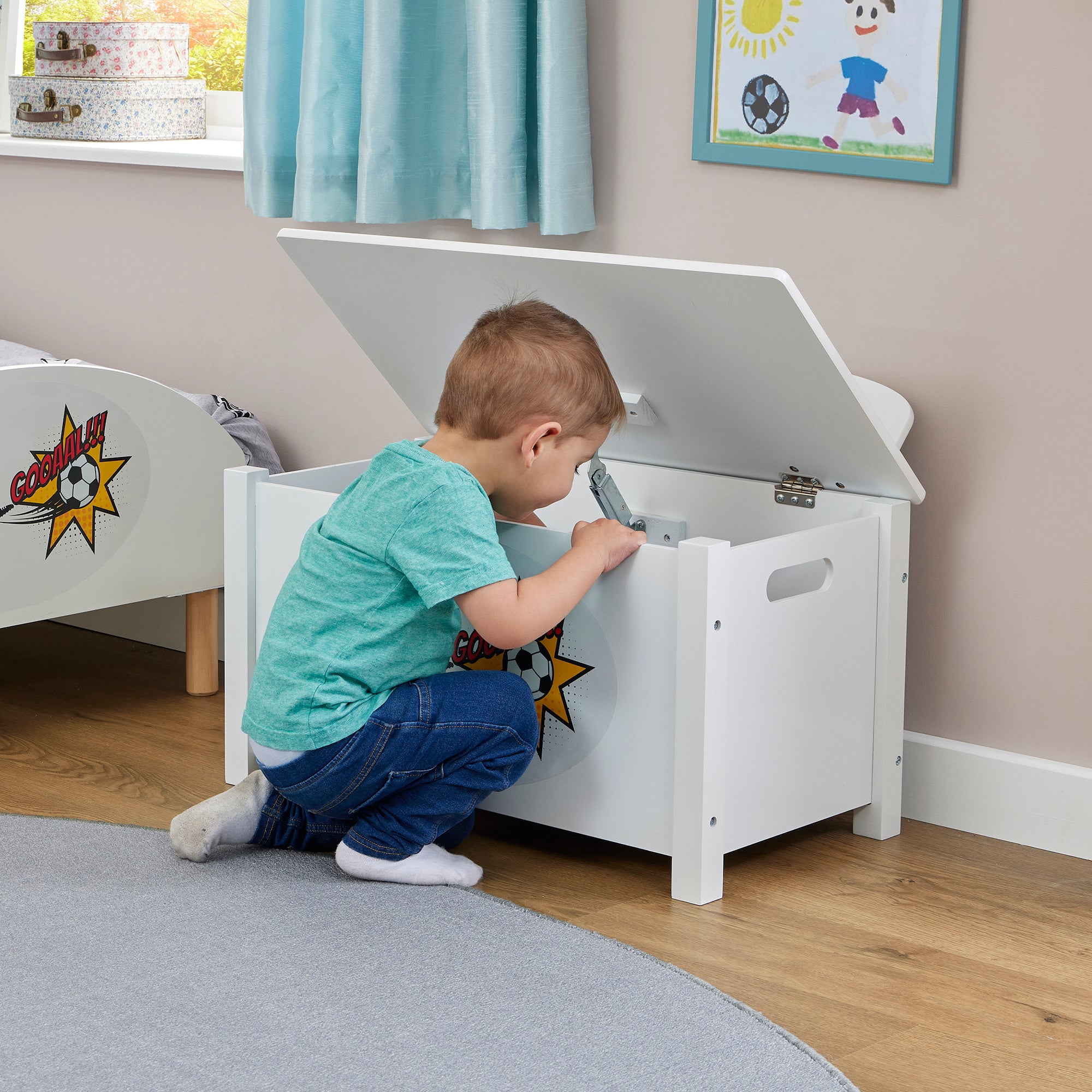 Kids White Wooden Toy Box Safe Hinged Storage (Ages 3+)