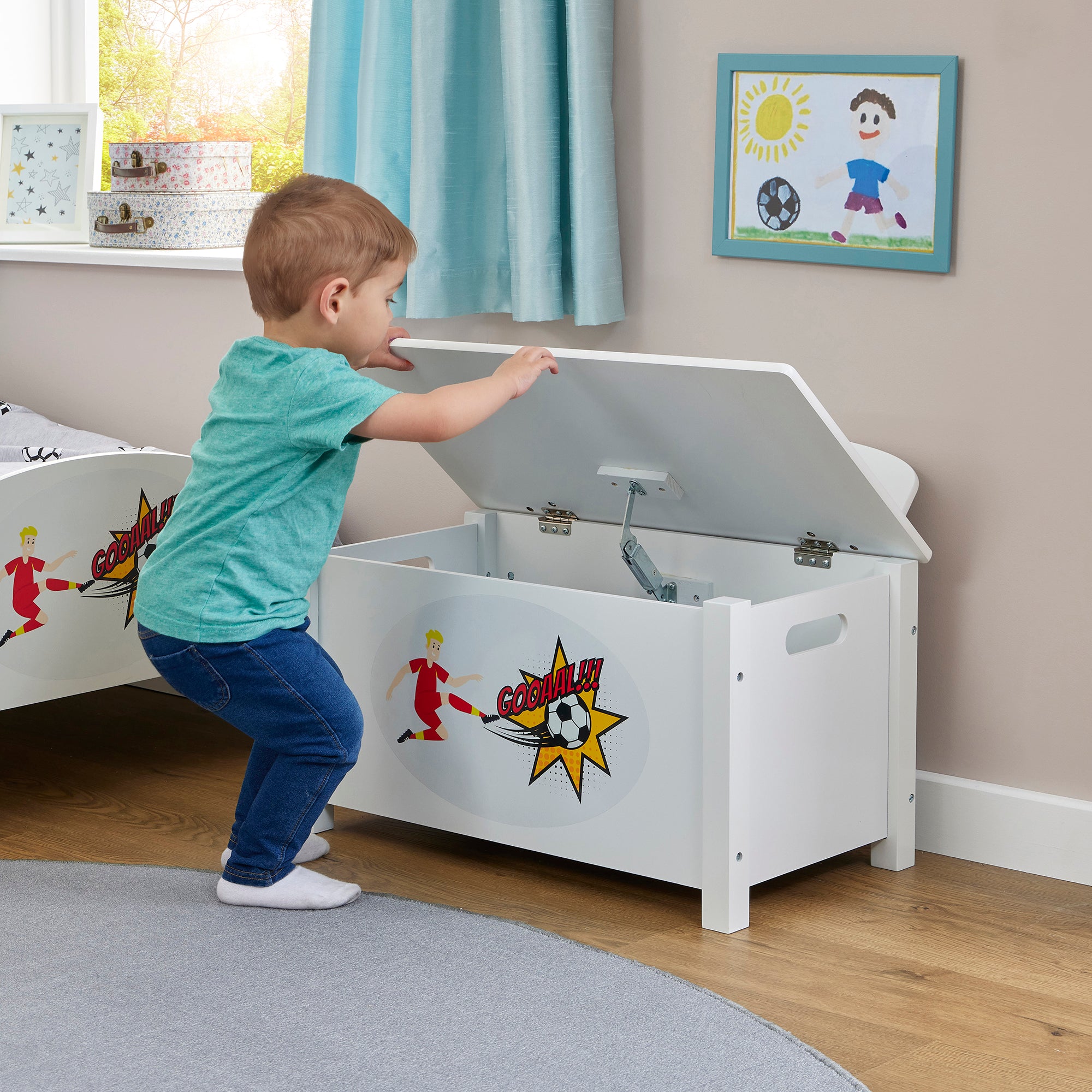 Kids White Wooden Toy Box Safe Hinged Storage (Ages 3+)