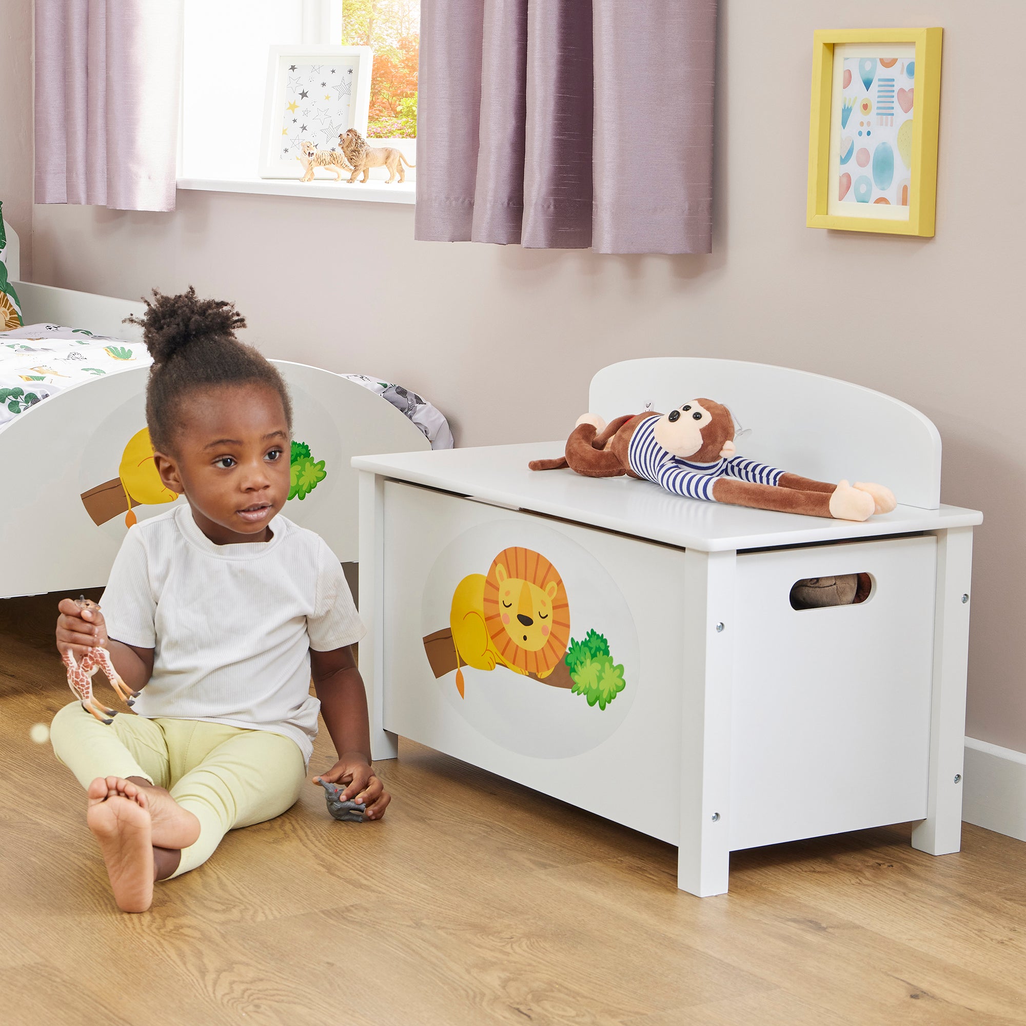 Jungle Kids White Wooden Toy Box Safe Storage (Ages 3+)