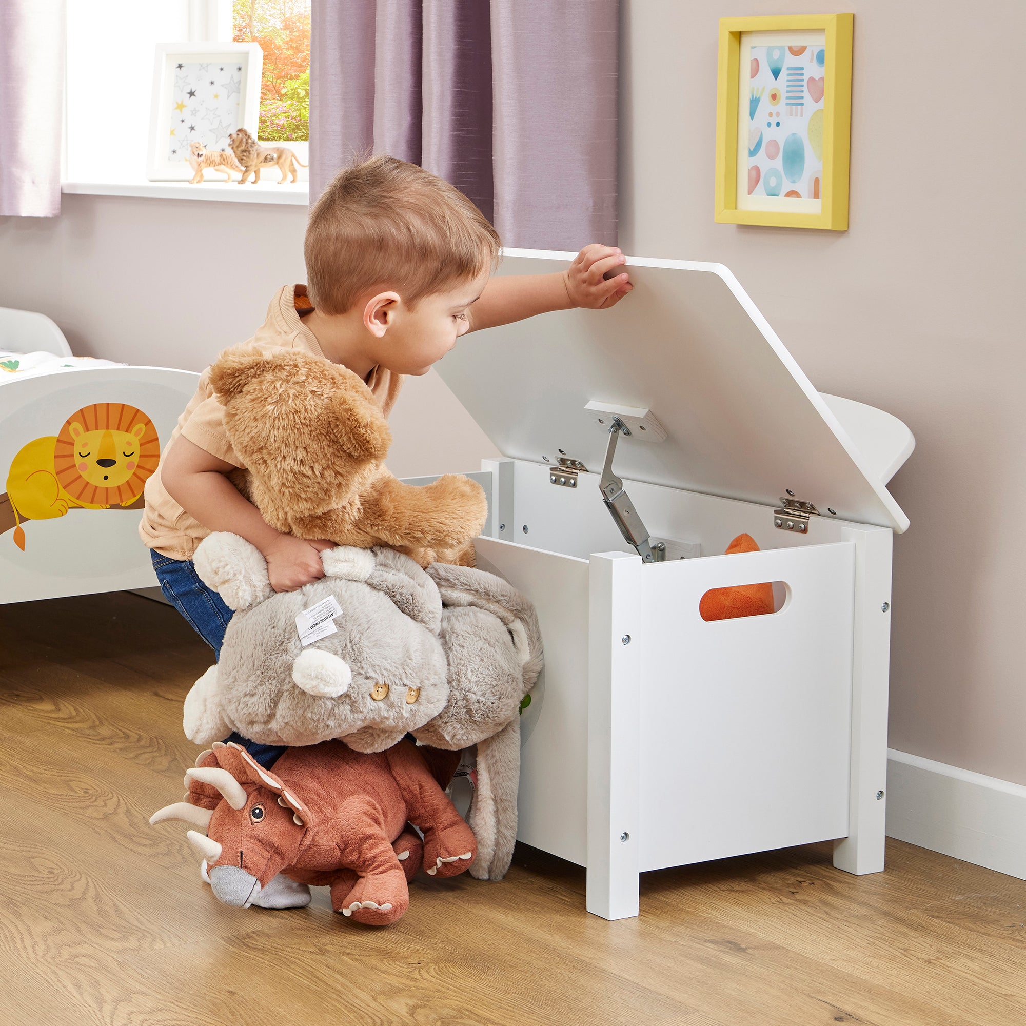 Jungle Kids White Wooden Toy Box Safe Storage (Ages 3+)