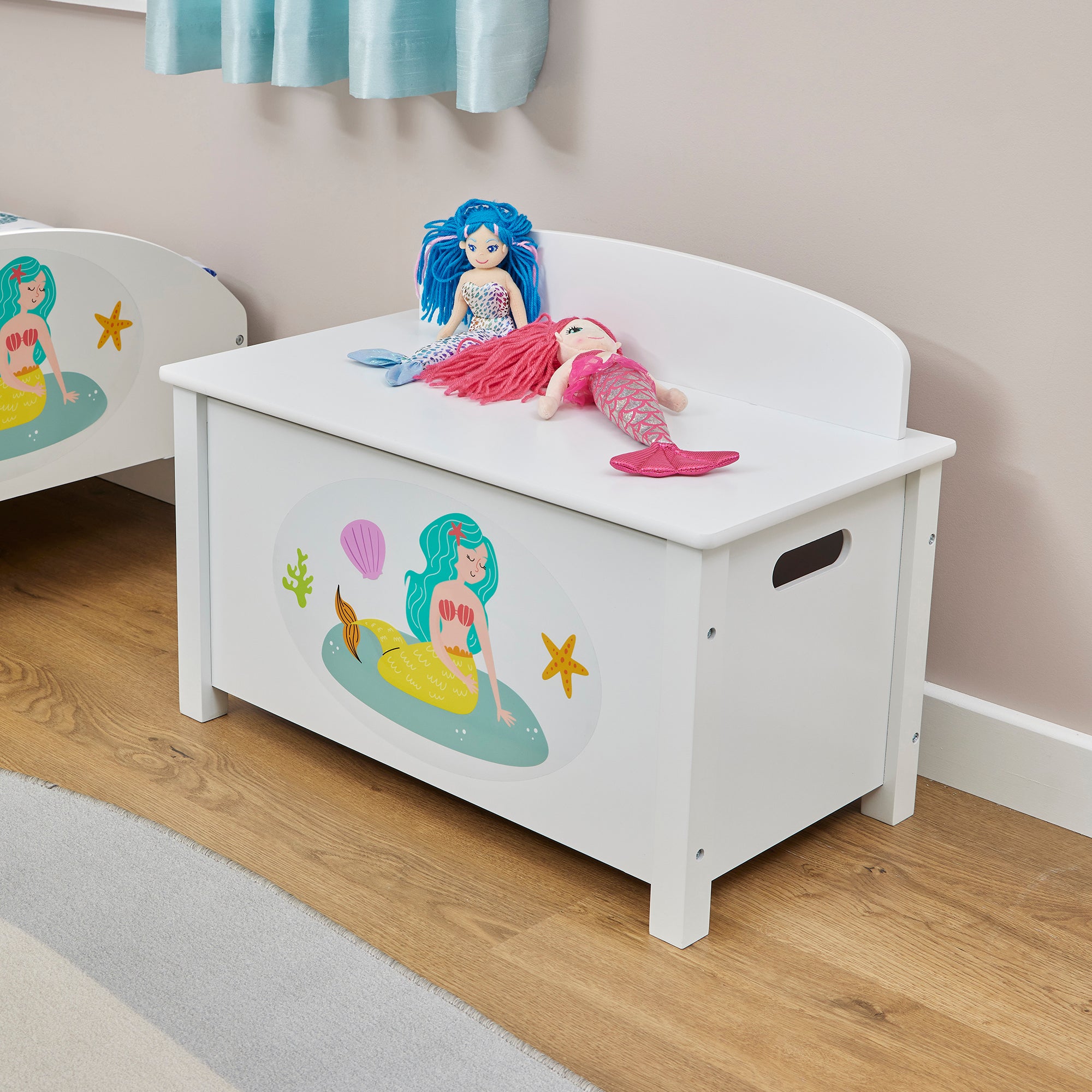 Kids White Wooden Mermaid Toy Box Safe Hinged Storage (Ages 3+)