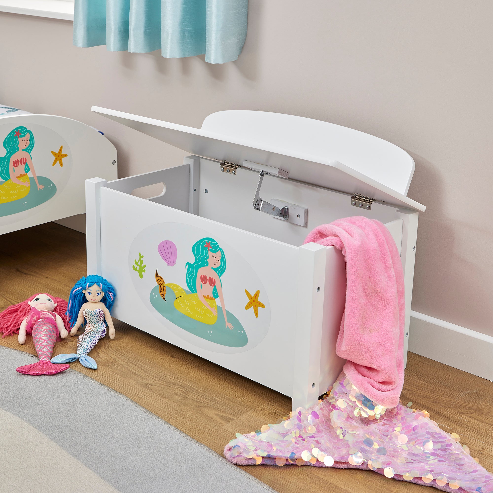 Kids White Wooden Mermaid Toy Box Safe Hinged Storage (Ages 3+)