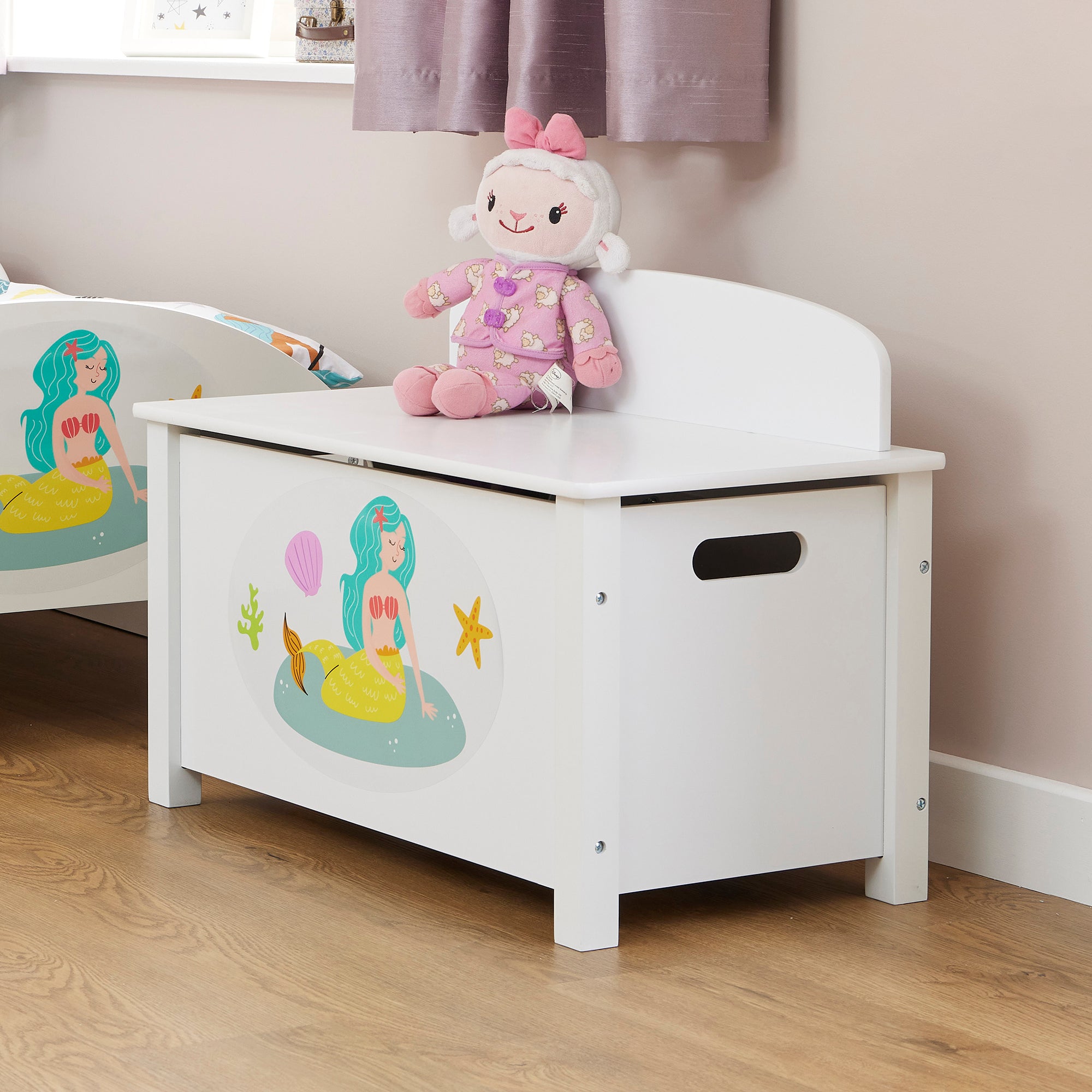 Kids White Wooden Mermaid Toy Box Safe Hinged Storage (Ages 3+)