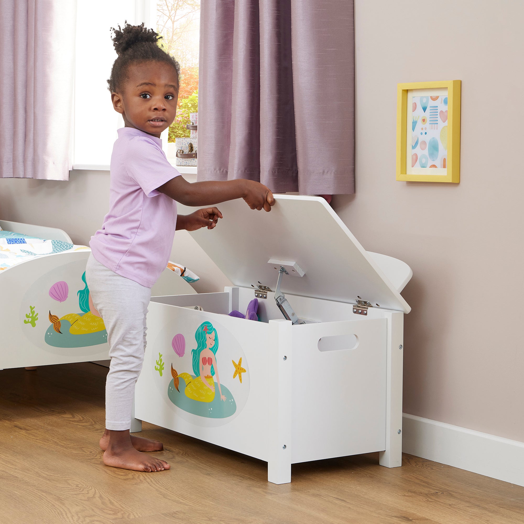 Kids White Wooden Mermaid Toy Box Safe Hinged Storage (Ages 3+)