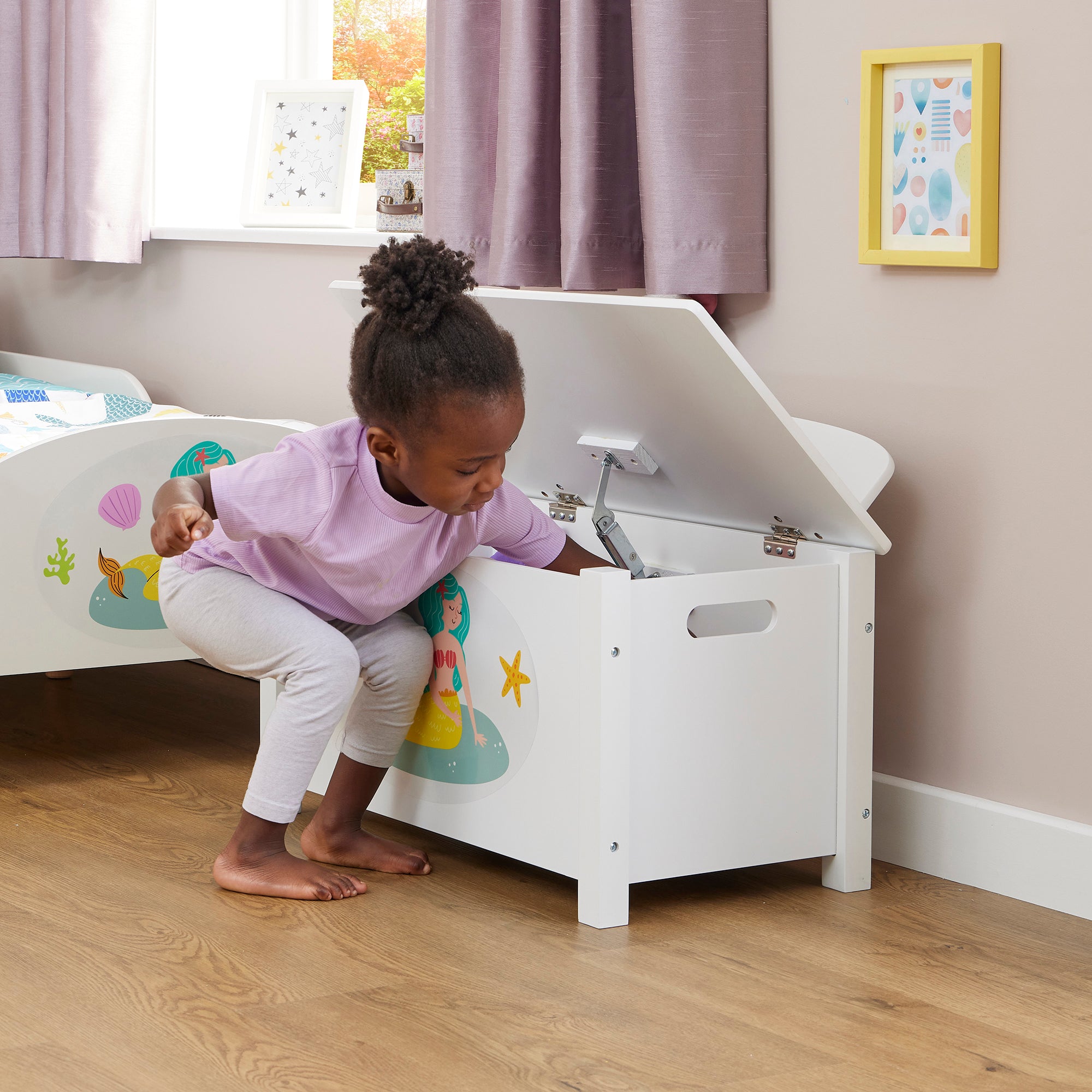 Kids White Wooden Mermaid Toy Box Safe Hinged Storage (Ages 3+)