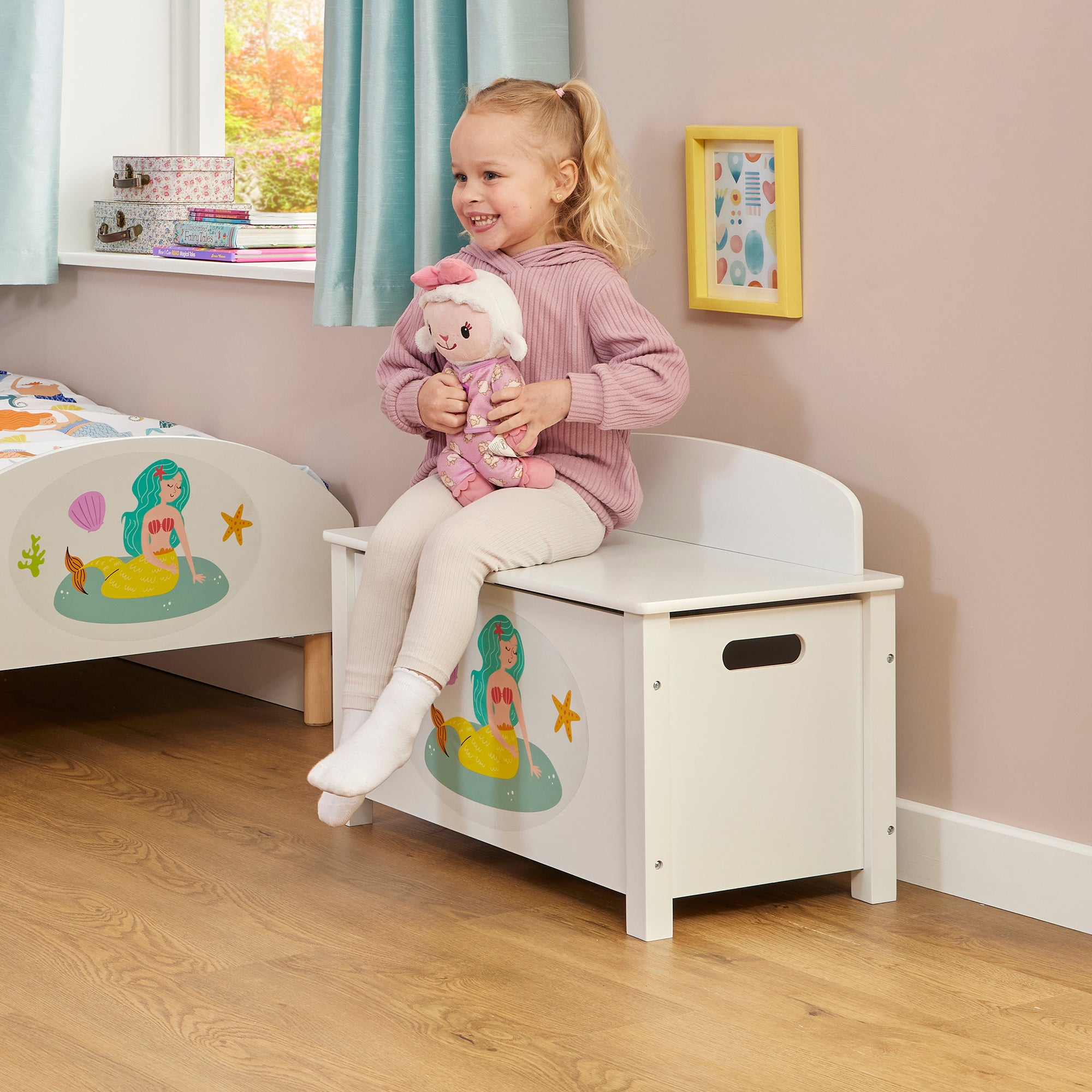 Kids White Wooden Mermaid Toy Box Safe Hinged Storage (Ages 3+)