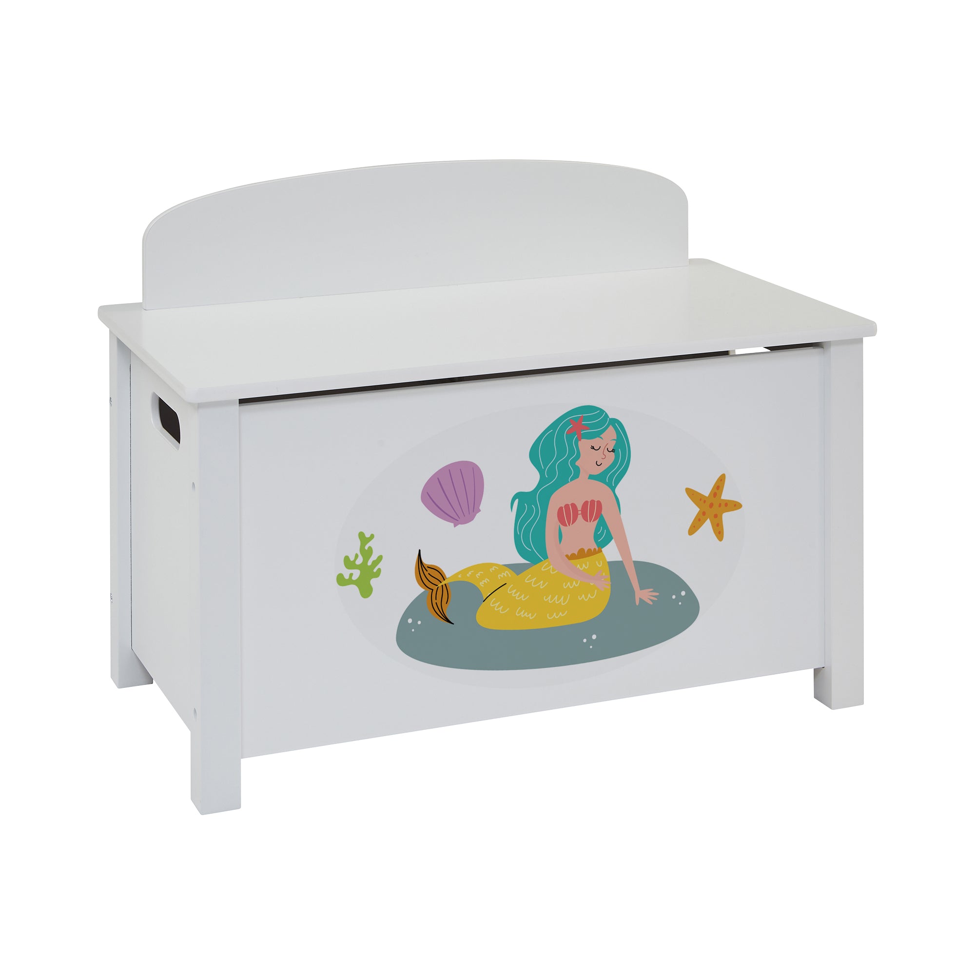 Kids White Wooden Mermaid Toy Box Safe Hinged Storage (Ages 3+)