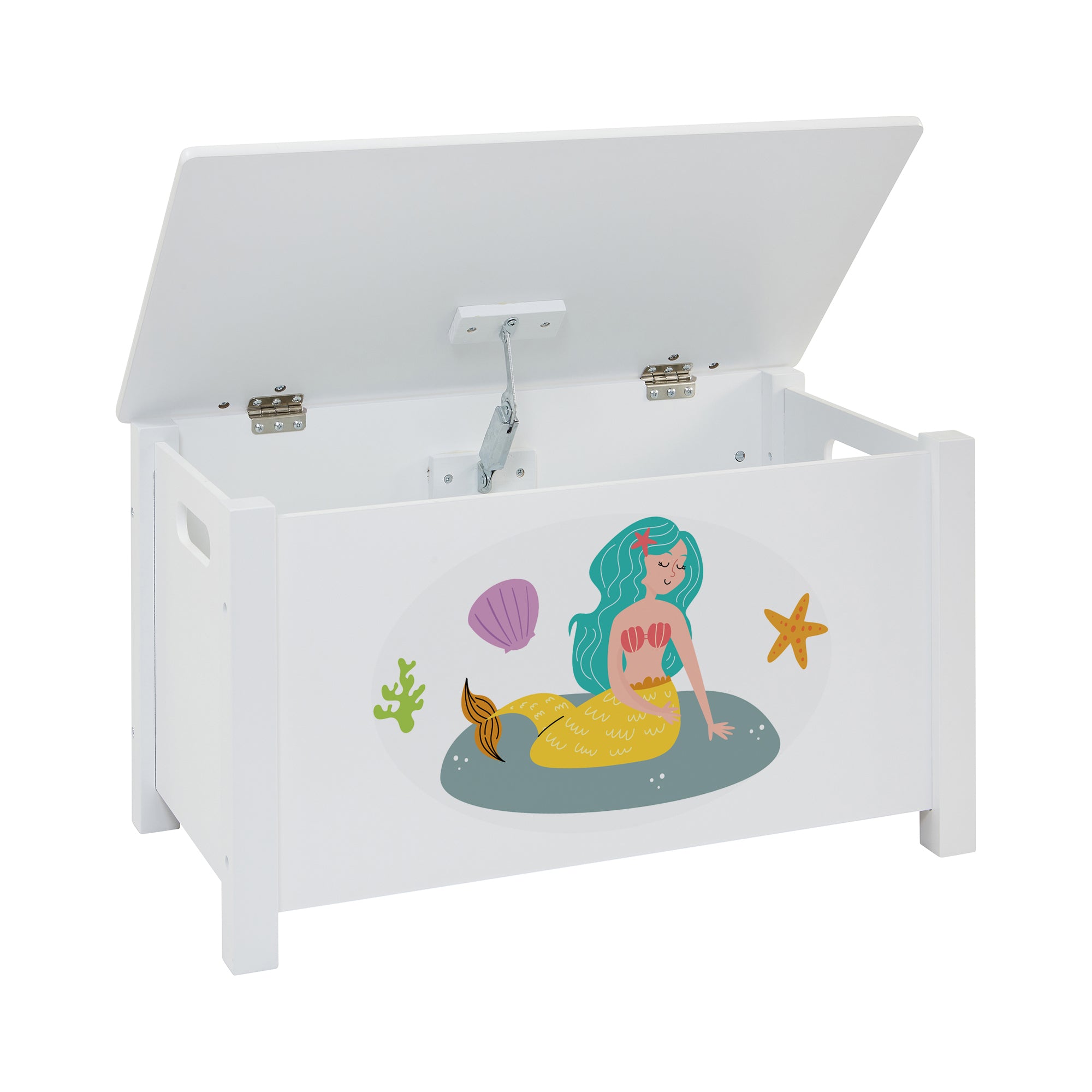 Kids White Wooden Mermaid Toy Box Safe Hinged Storage (Ages 3+)