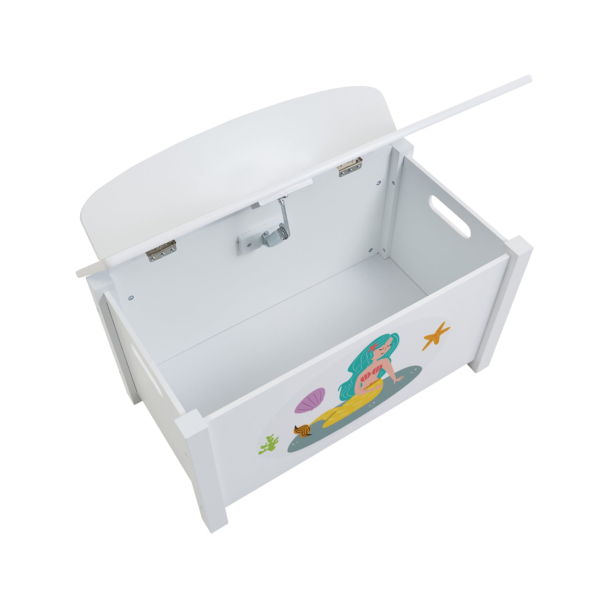 Kids White Wooden Mermaid Toy Box Safe Hinged Storage (Ages 3+)