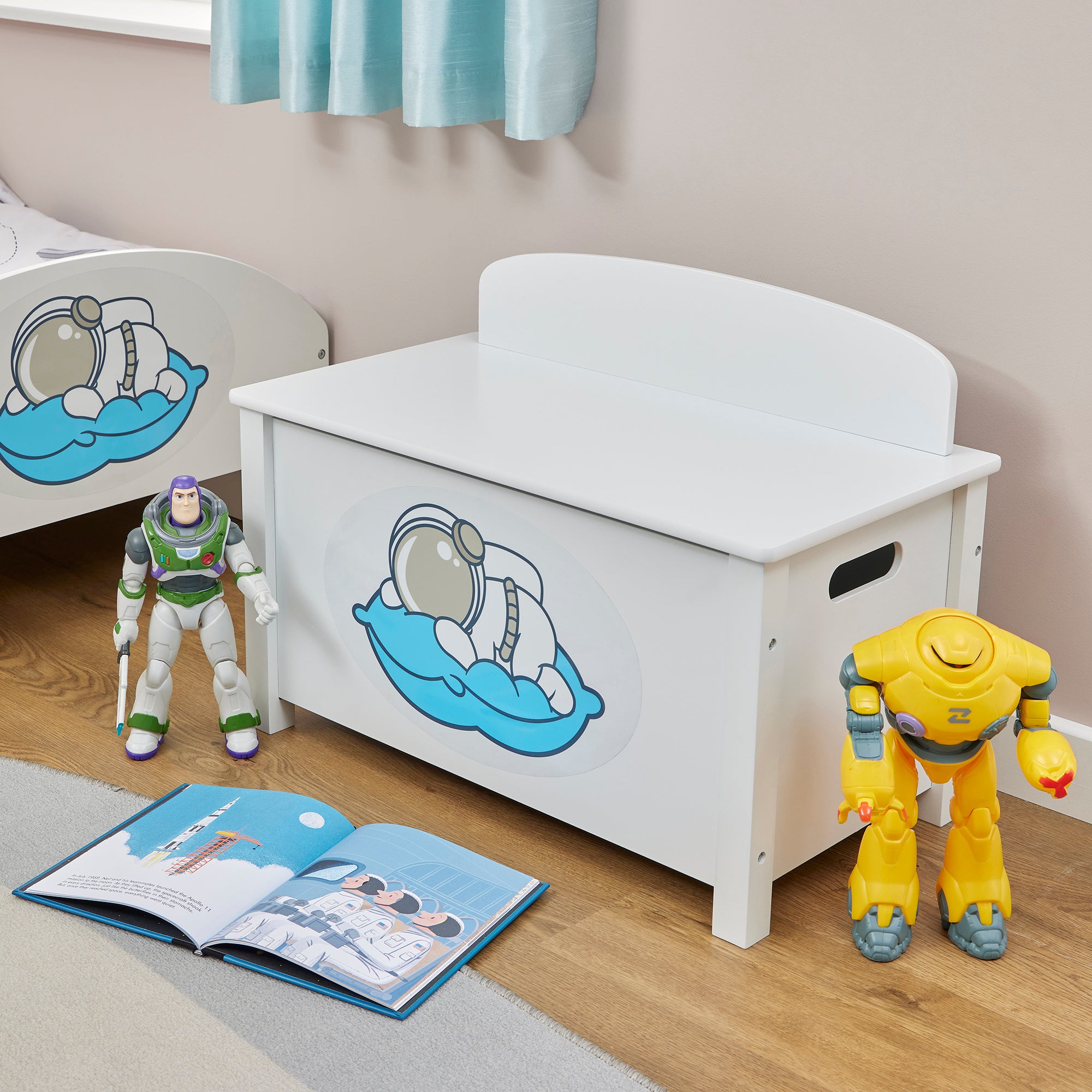 Kids White Wooden Space Toy Box Safe Hinged Storage (Ages 3+)