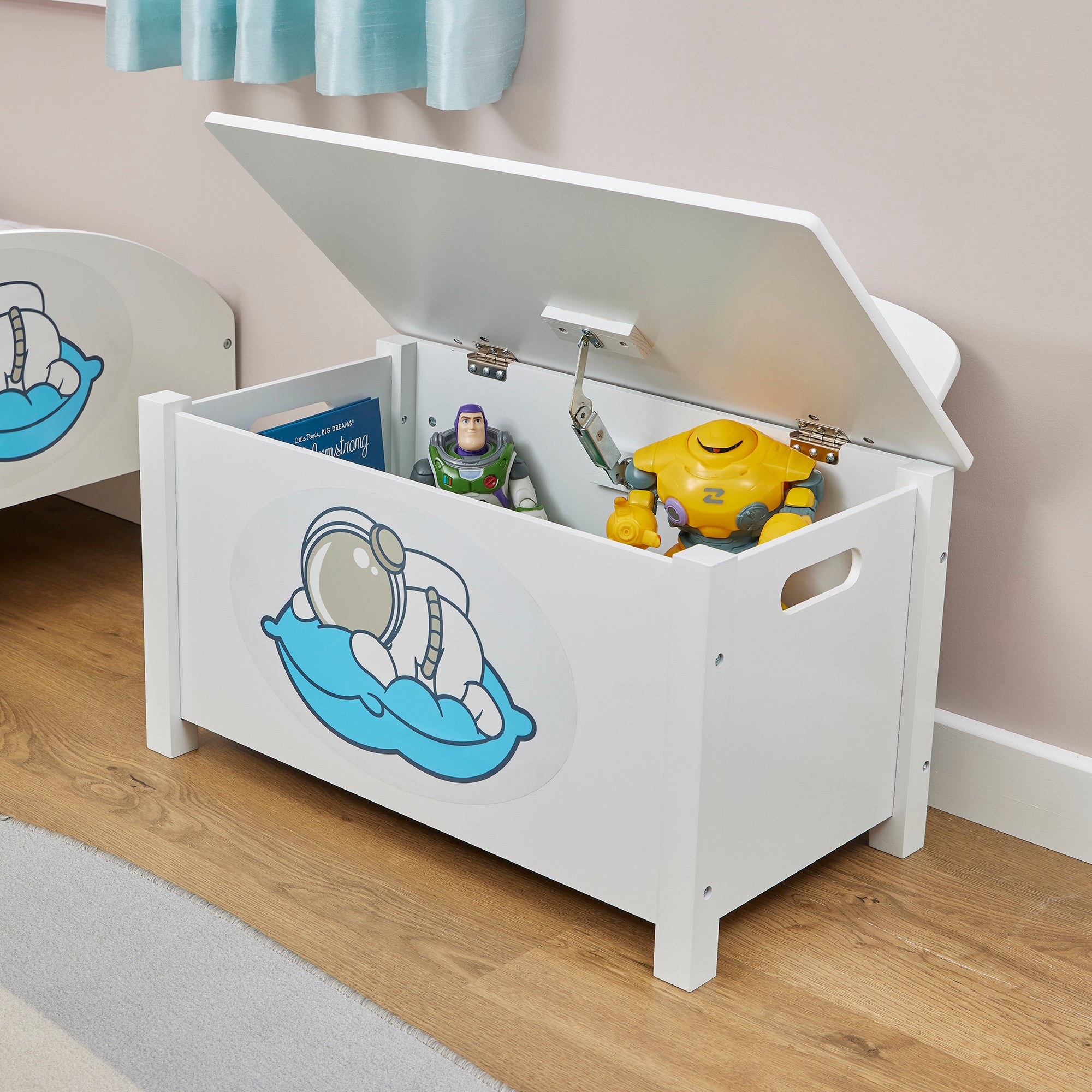 Kids White Wooden Space Toy Box Safe Hinged Storage (Ages 3+)