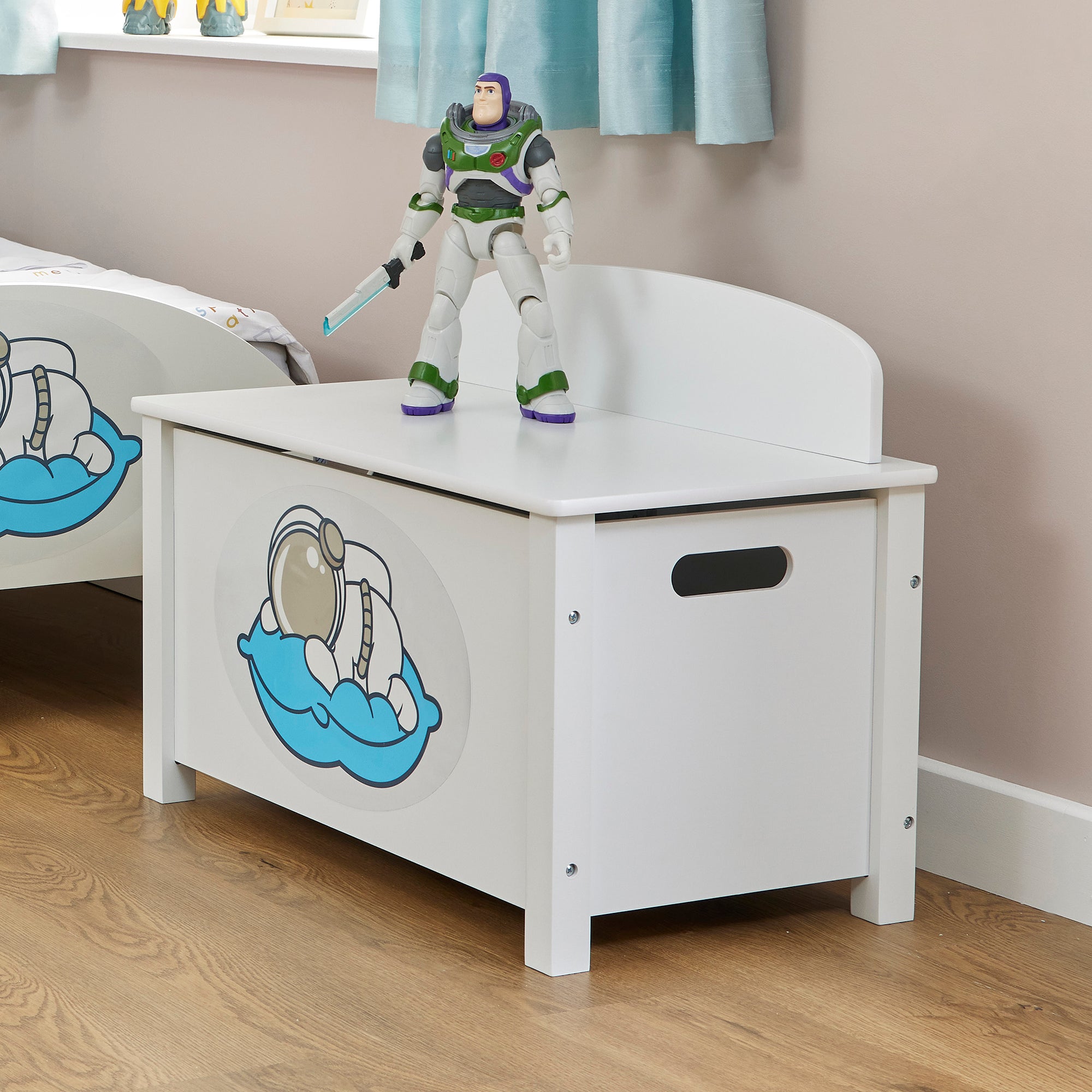 Kids White Wooden Space Toy Box Safe Hinged Storage (Ages 3+)