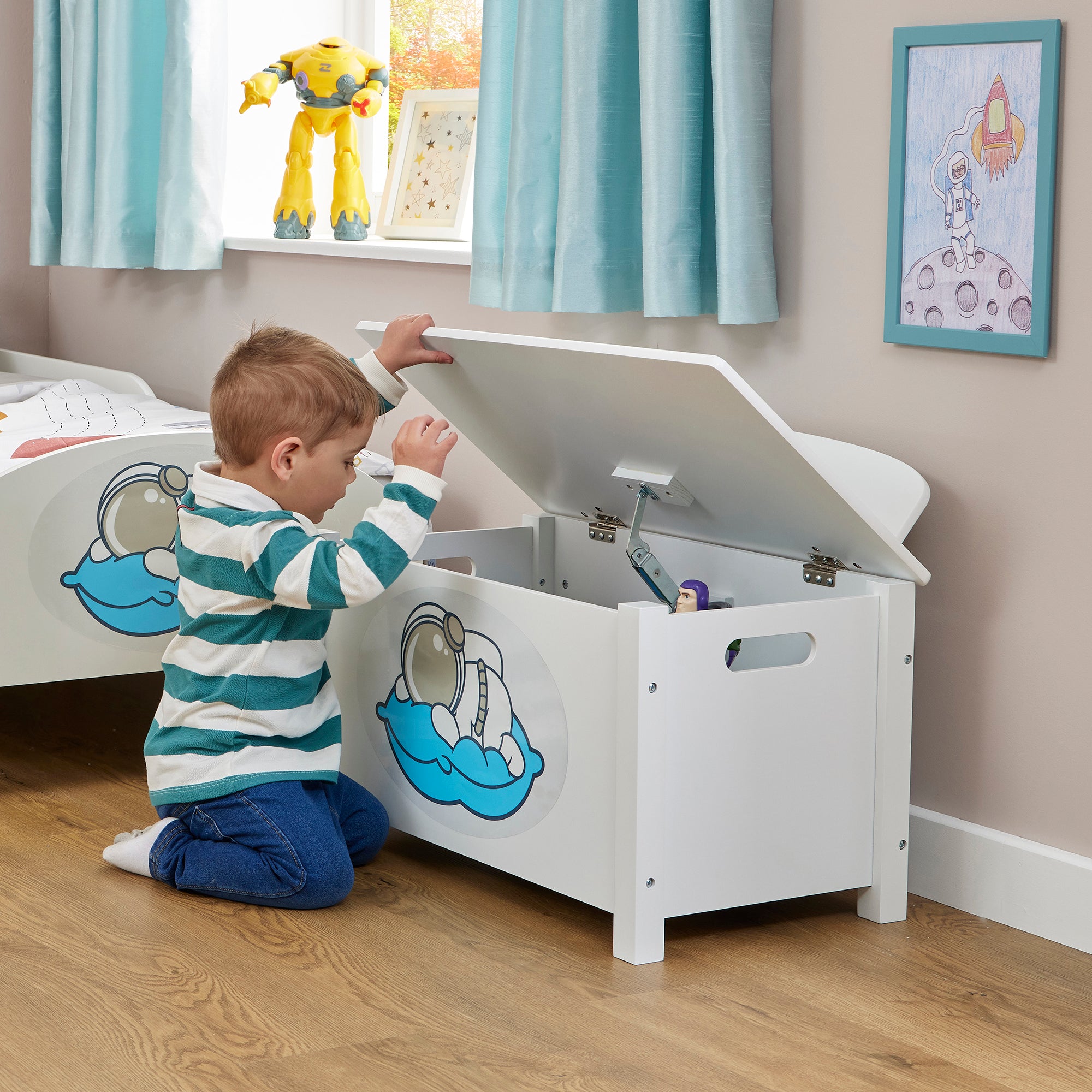Kids White Wooden Space Toy Box Safe Hinged Storage (Ages 3+)