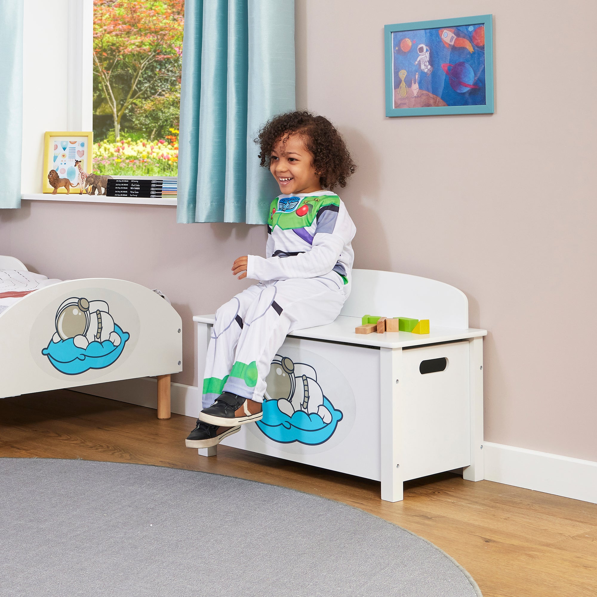Kids White Wooden Space Toy Box Safe Hinged Storage (Ages 3+)