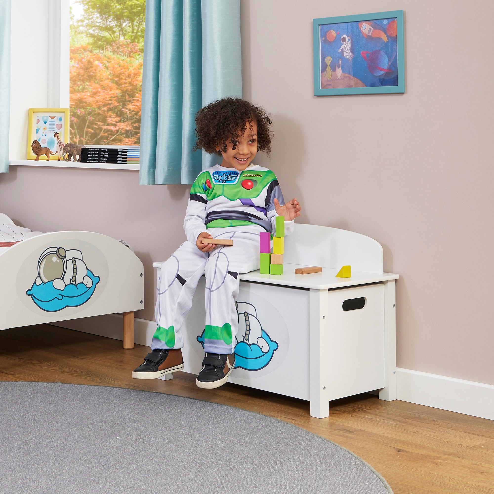 Kids White Wooden Space Toy Box Safe Hinged Storage (Ages 3+)
