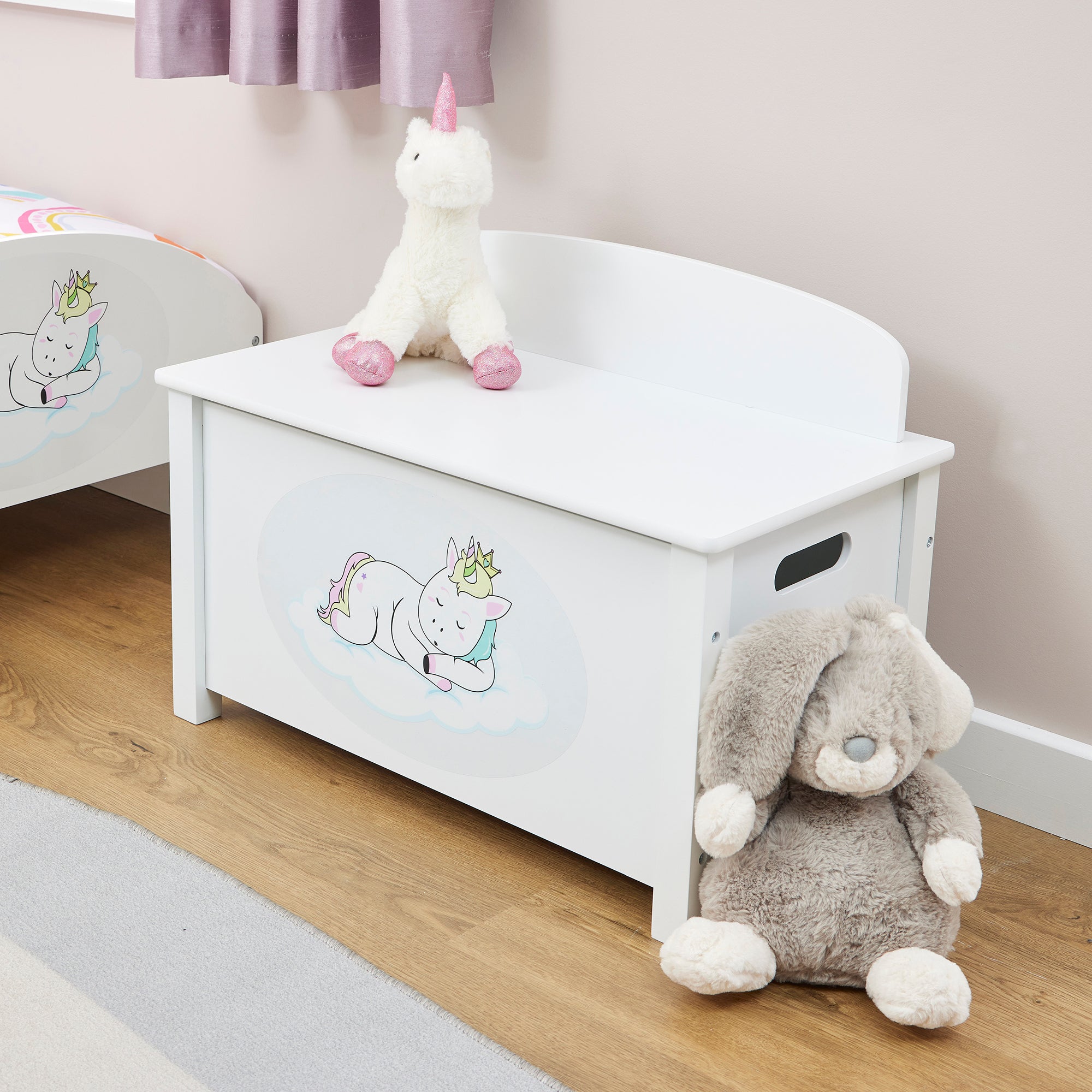 Kids White Wooden Unicorn Toy Box Safe Hinged Storage (Ages 3+)