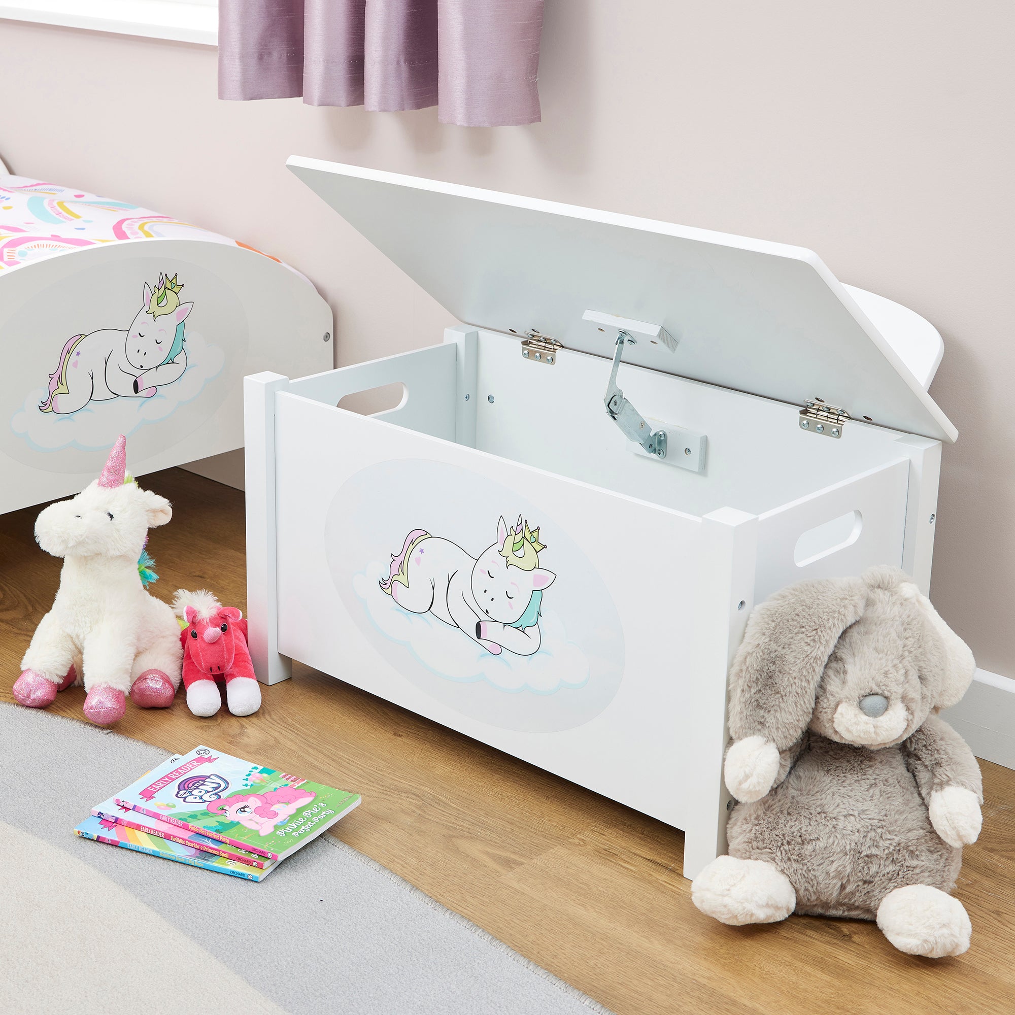 Kids White Wooden Unicorn Toy Box Safe Hinged Storage (Ages 3+)