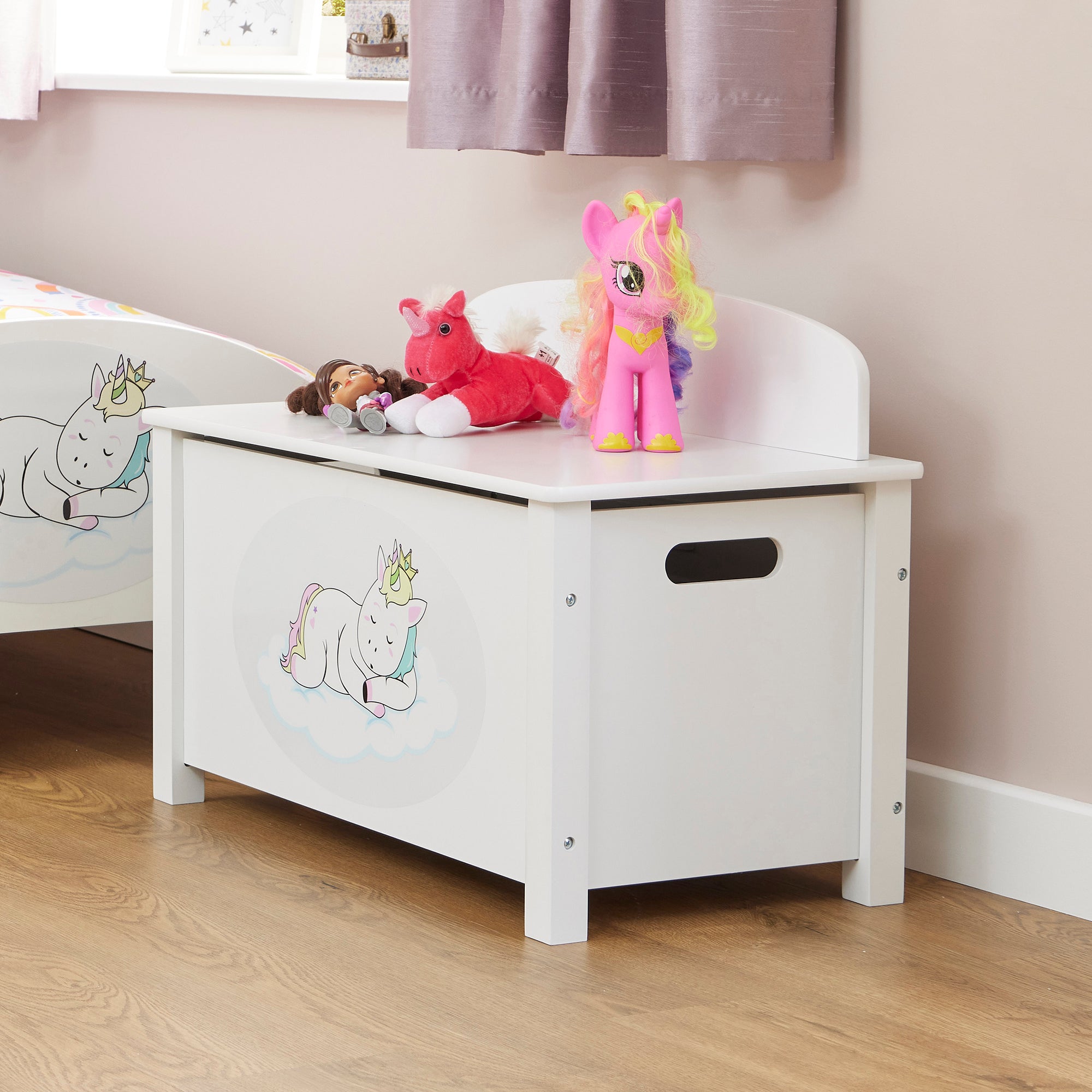 Kids White Wooden Unicorn Toy Box Safe Hinged Storage (Ages 3+)