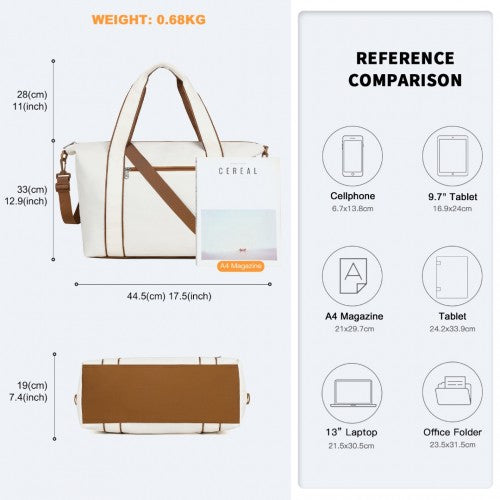 Kono Lightweight Waterproof Weekender Tote Bag Foldable Cabin Flight Duffel Ideal for Underseat Carry - On Travel - Beige and Brown