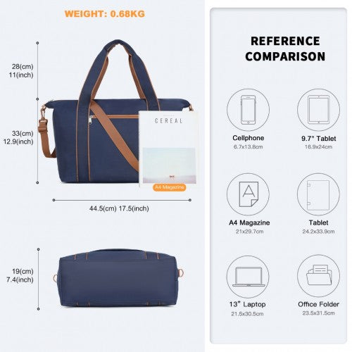 Kono Lightweight Waterproof Weekender Tote Bag Foldable Cabin Flight Duffel Ideal for Underseat Carry - On Travel - Navy and Brown