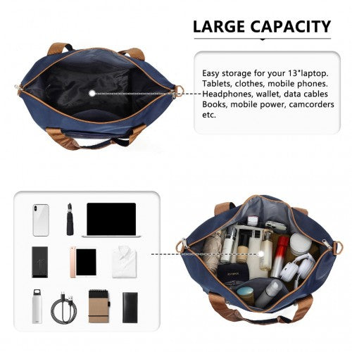 Kono Lightweight Waterproof Weekender Tote Bag Foldable Cabin Flight Duffel Ideal for Underseat Carry - On Travel - Navy and Brown