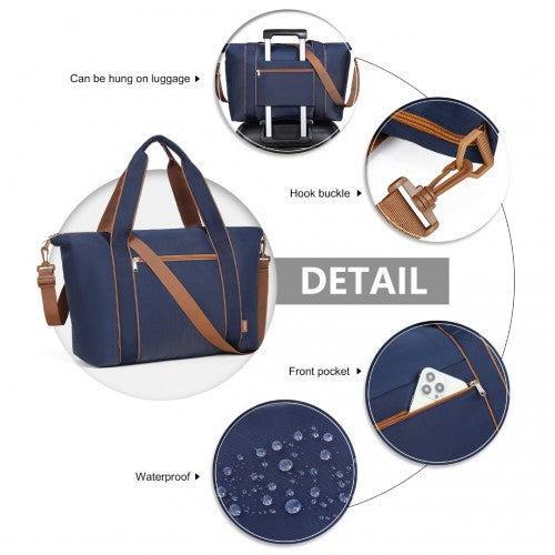 Kono Lightweight Waterproof Weekender Tote Bag Foldable Cabin Flight Duffel Ideal for Underseat Carry - On Travel - Navy and Brown