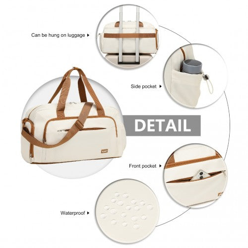 Kono Versatile Multi - Compartment Travel Weekend Bag Two - Piece Set with Shoe Compartment and Cosmetic Pouch - Beige And Brown