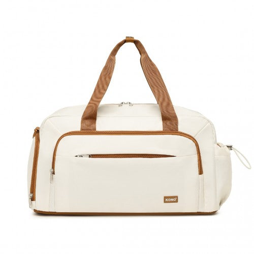 Kono Versatile Multi - Compartment Travel Weekend Bag Two - Piece Set with Shoe Compartment and Cosmetic Pouch - Beige And Brown