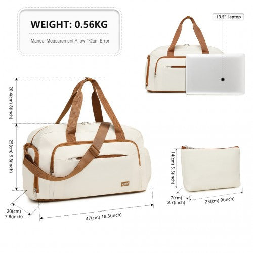 Kono Versatile Multi - Compartment Travel Weekend Bag Two - Piece Set with Shoe Compartment and Cosmetic Pouch - Beige And Brown