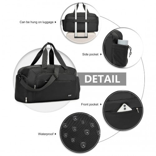 Kono Versatile Multi - Compartment Travel Weekend Bag Two - Piece Set with Shoe Compartment and Cosmetic Pouch - Black