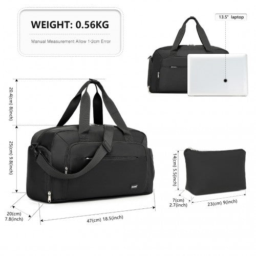 Kono Versatile Multi - Compartment Travel Weekend Bag Two - Piece Set with Shoe Compartment and Cosmetic Pouch - Black