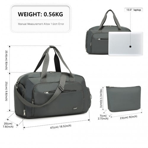 Kono Versatile Multi - Compartment Travel Weekend Bag Two - Piece Set with Shoe Compartment and Cosmetic Pouch - Grey