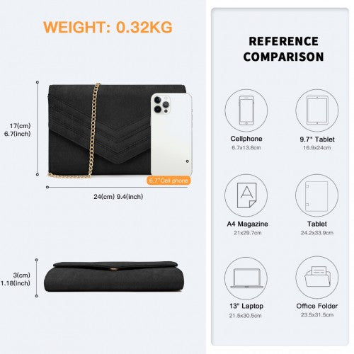 Miss Lulu Luxurious Envelope - Style Evening Clutch with Elegant Detachable Metal Chain Strap - Black
