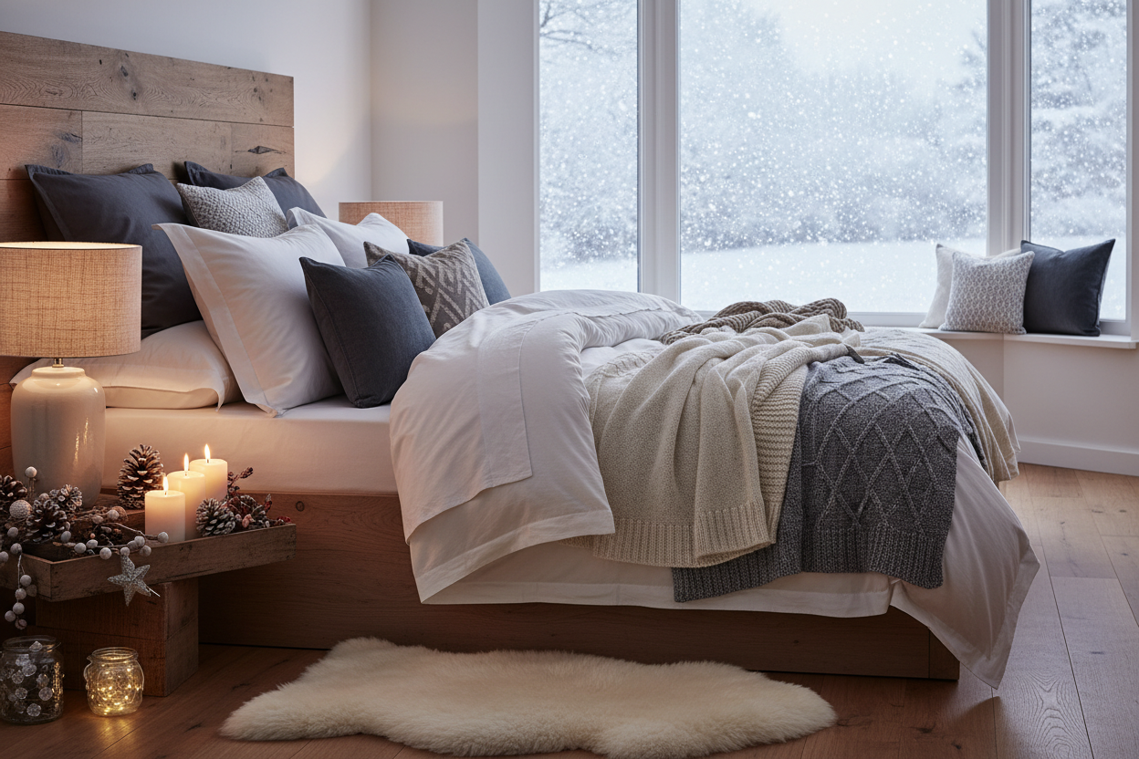 A cozy winter bedroom scene featuring premium pillows arranged on a bed with soft blankets, warm lighting, and subtle festive décor like pinecones and candles. Snowy window background, photorealistic, 4K, UK premium home store style, suitable for e-commerce homepage tile.
