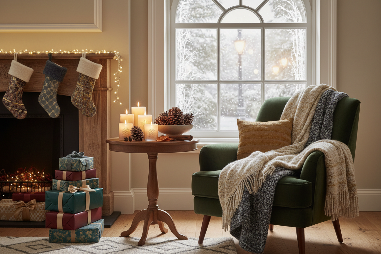 A cozy winter-themed living room corner featuring seasonal decorations and gift items, including wrapped presents, candles, pinecones, fairy lights, and subtle snow accents outside a window. Warm, festive lighting, photorealistic, 4K, UK premium store style, suitable for e-commerce homepage tile.
